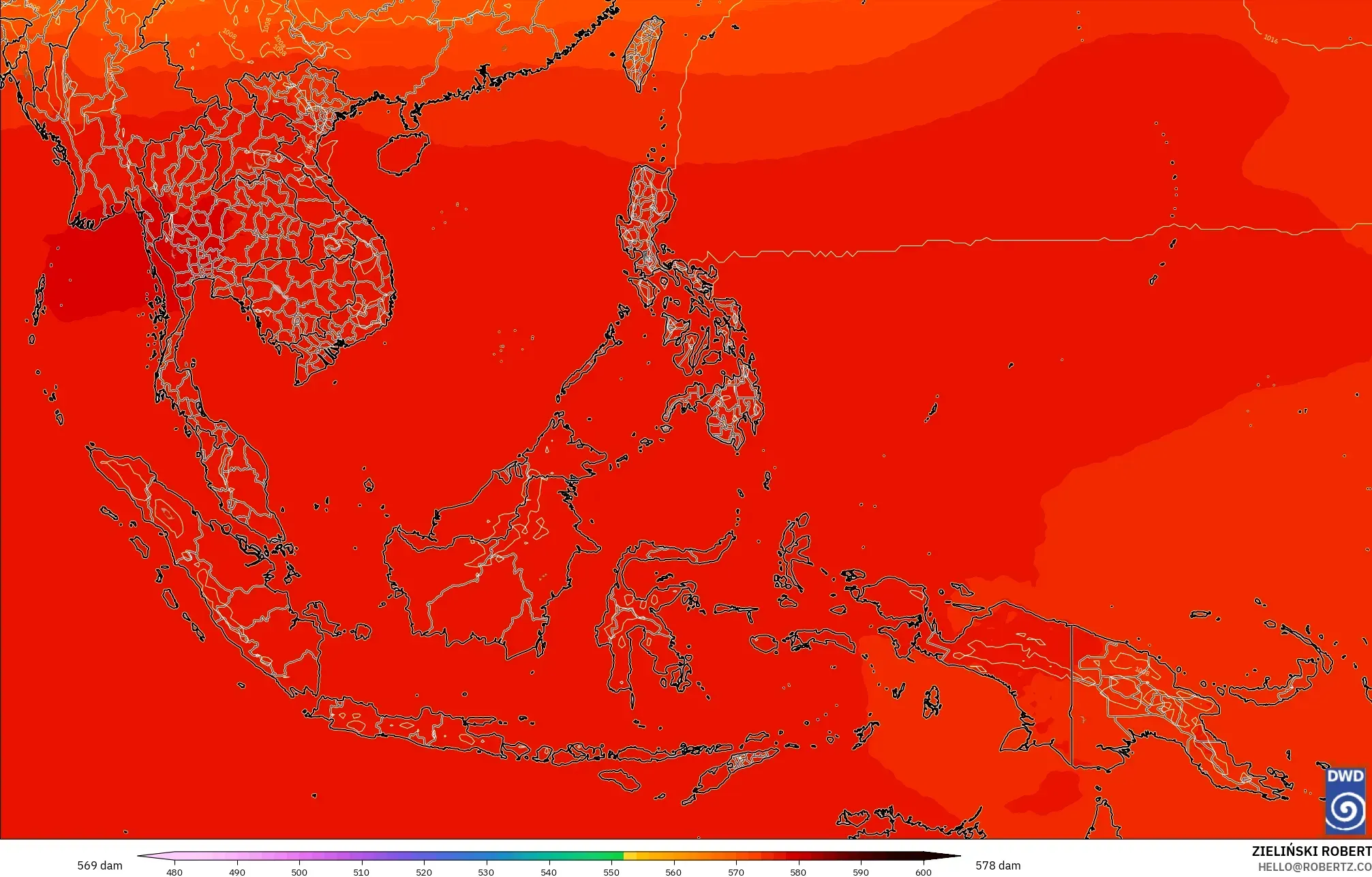 ICON model - South East Asia, Geopotential height at 500hPa