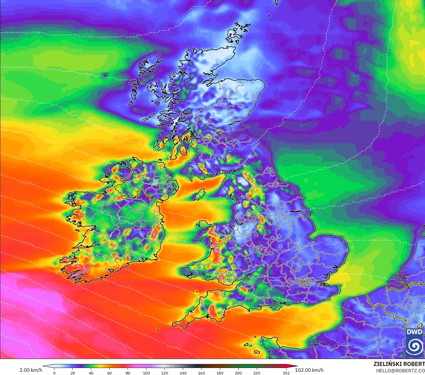 ICON model - United Kingdom, Wind Gusts
