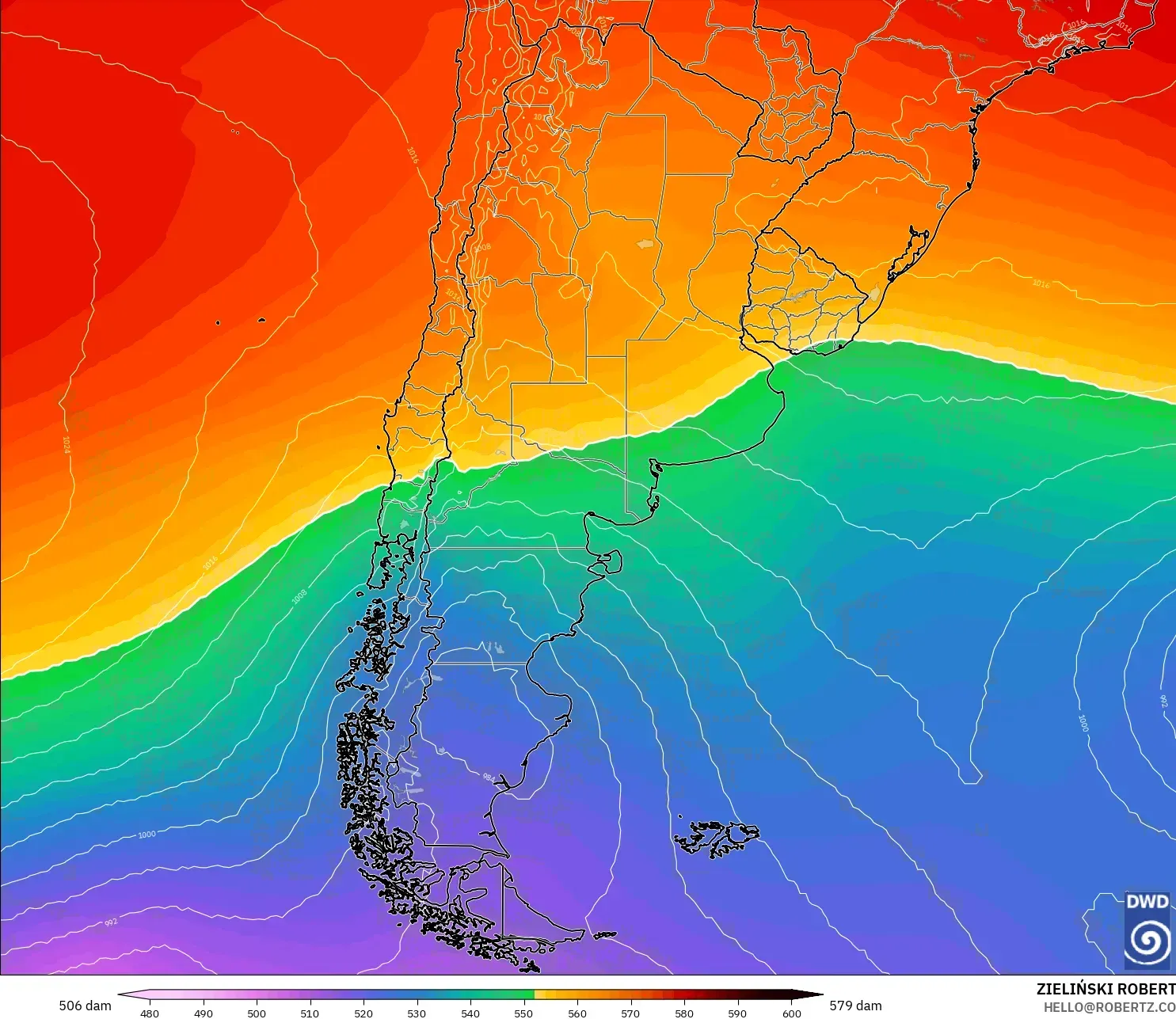 ICON model - Argentina, Geopotential height at 500hPa