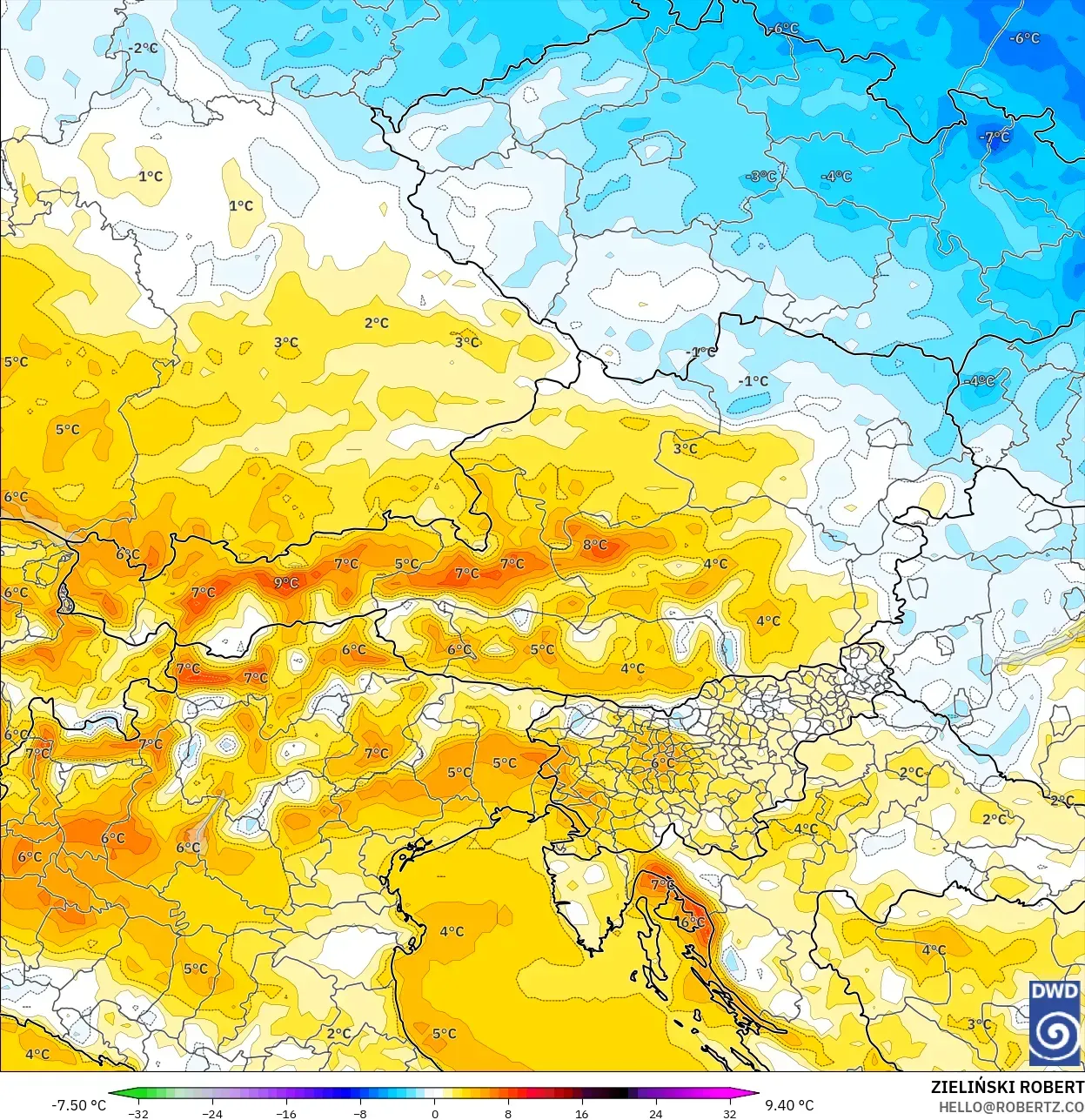 ICON model - Austria, Temperature at 2m Anomaly