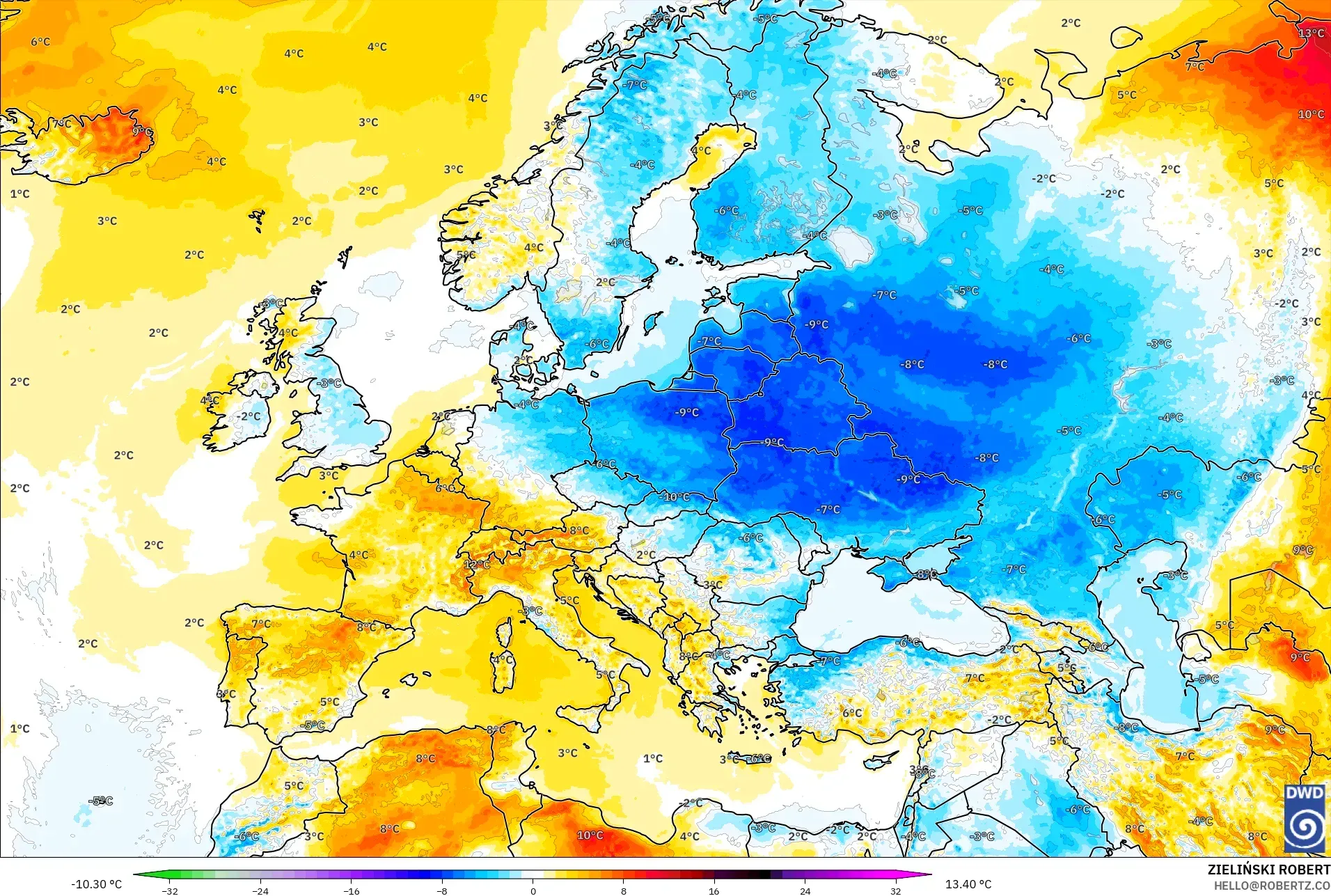 ICON model - Europe, Temperature at 2m Anomaly