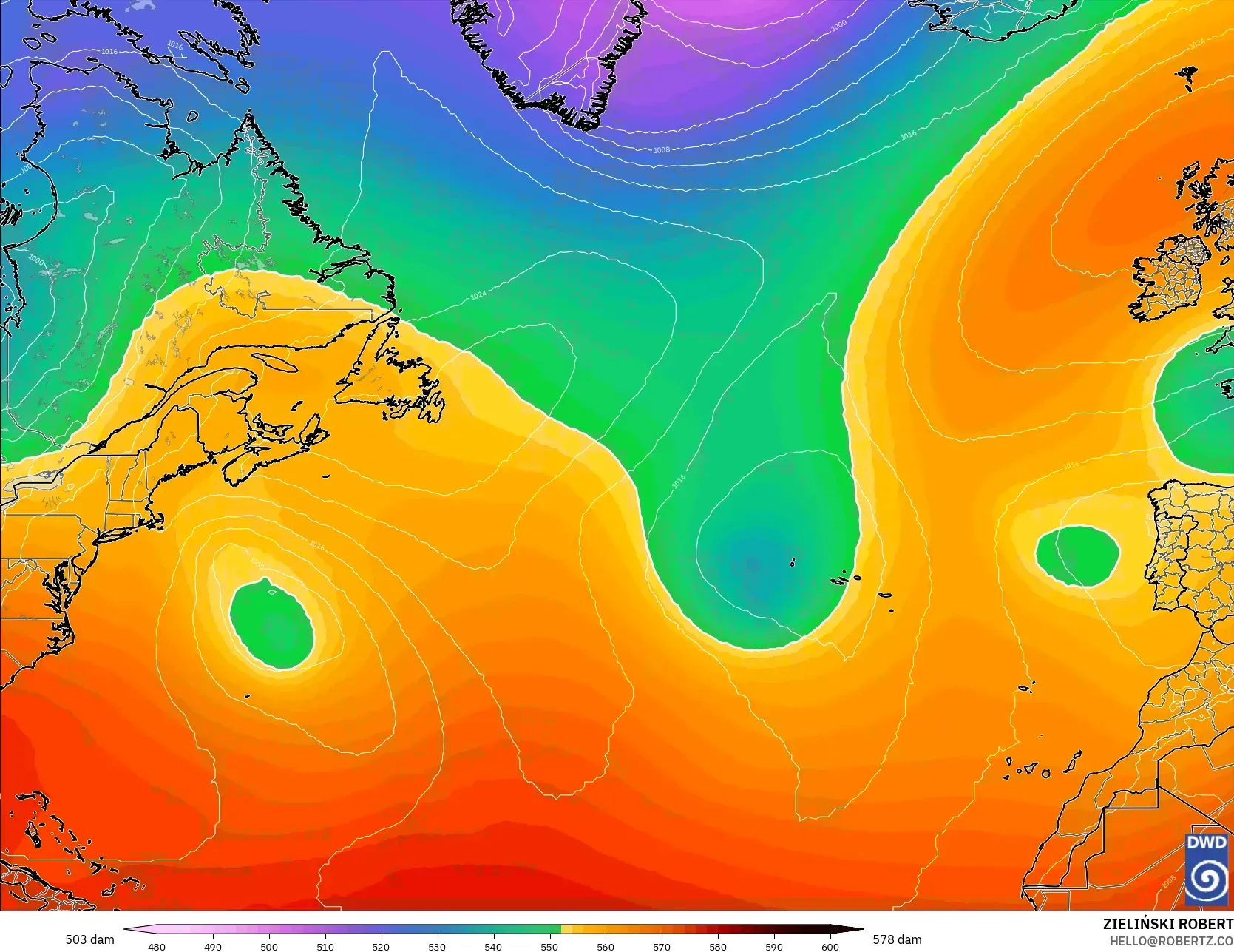 ICON model - North Atlantic, Geopotential height at 500hPa