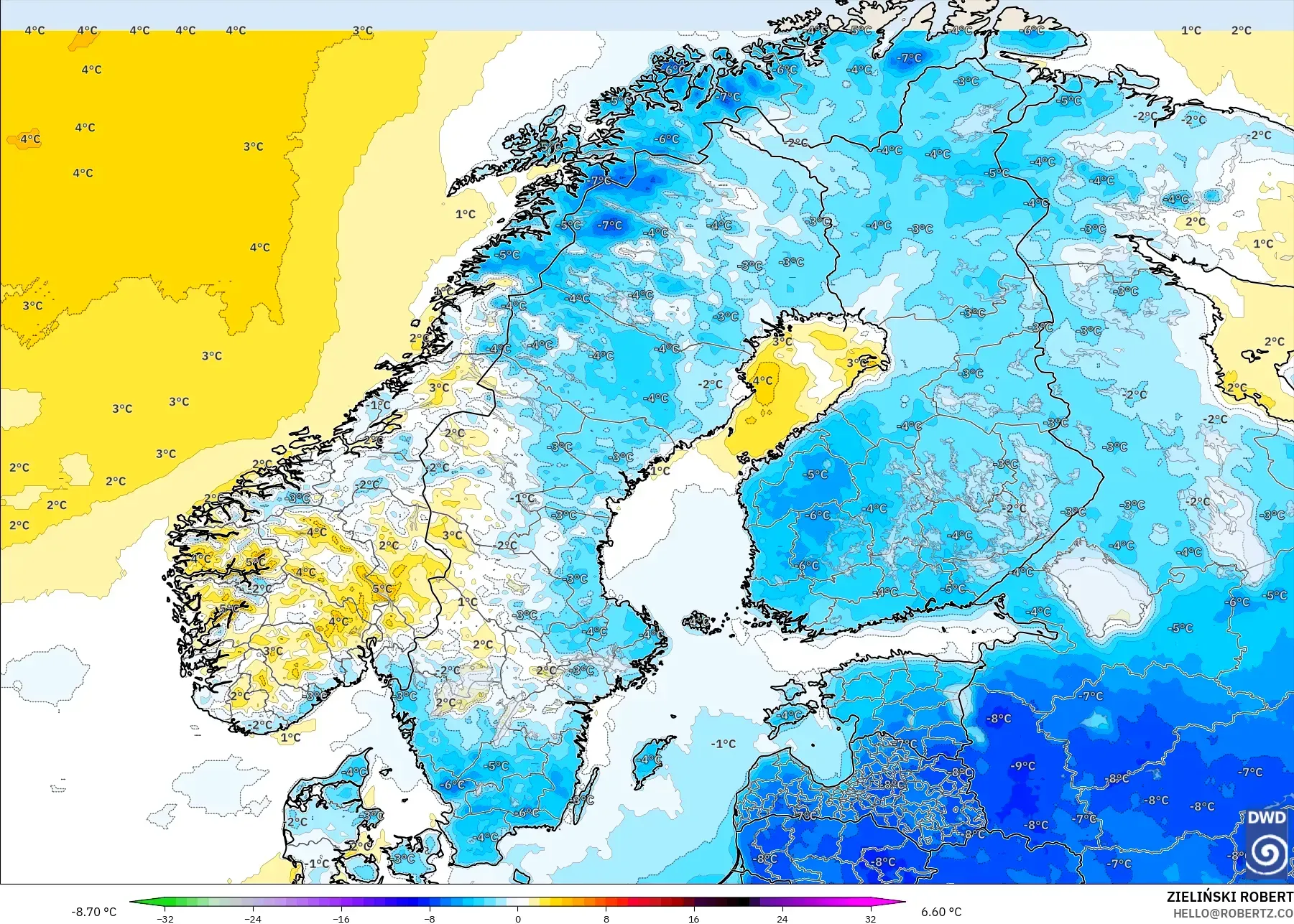 ICON model - Scandinavia, Temperature at 2m Anomaly