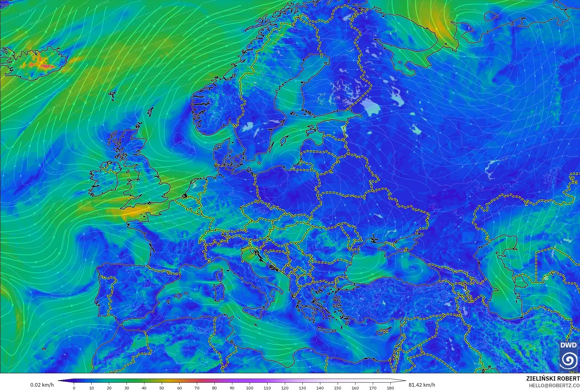 ICON model - Europe, Wind at 10m