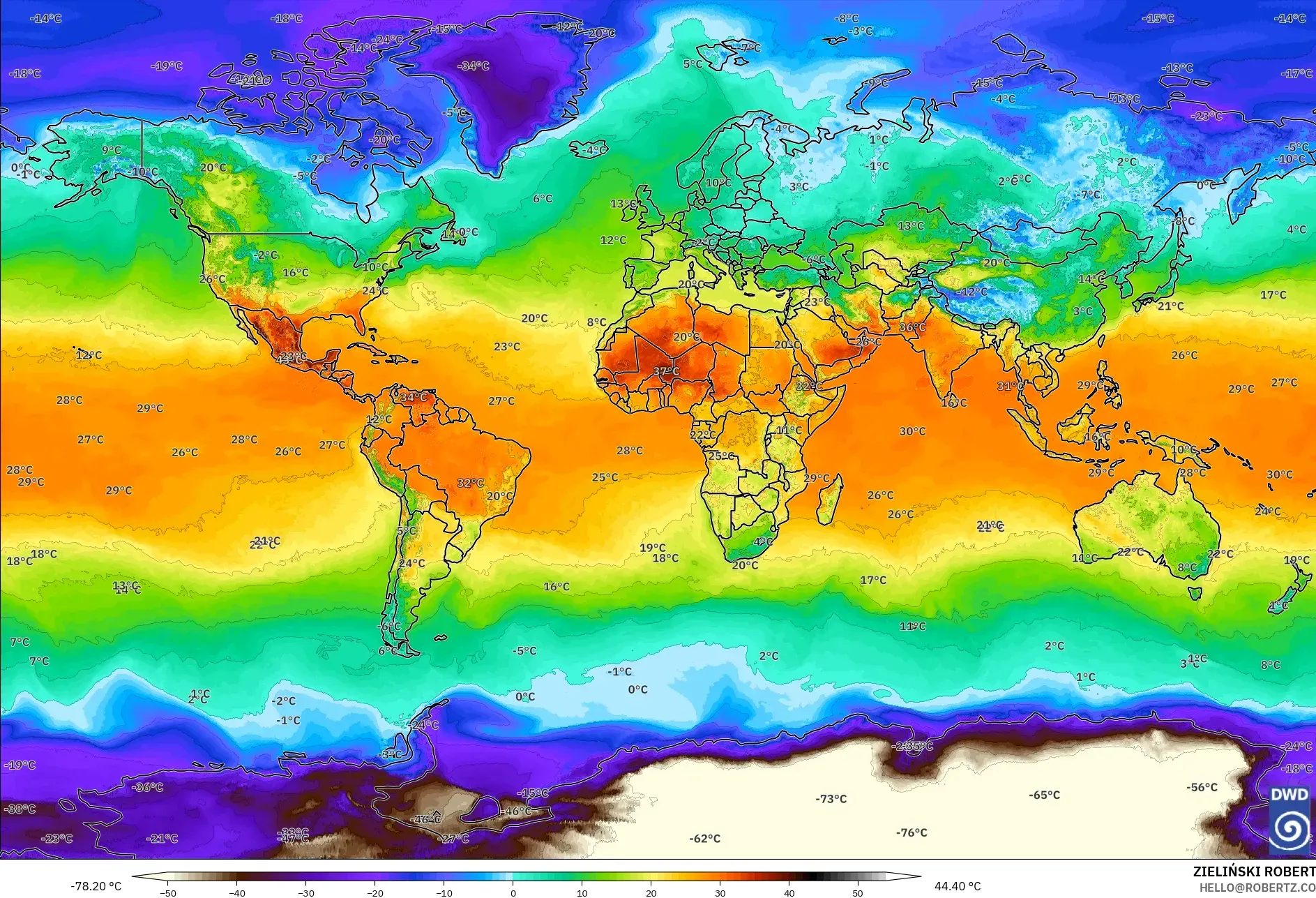 ICON model - World, Temperature at 2m
