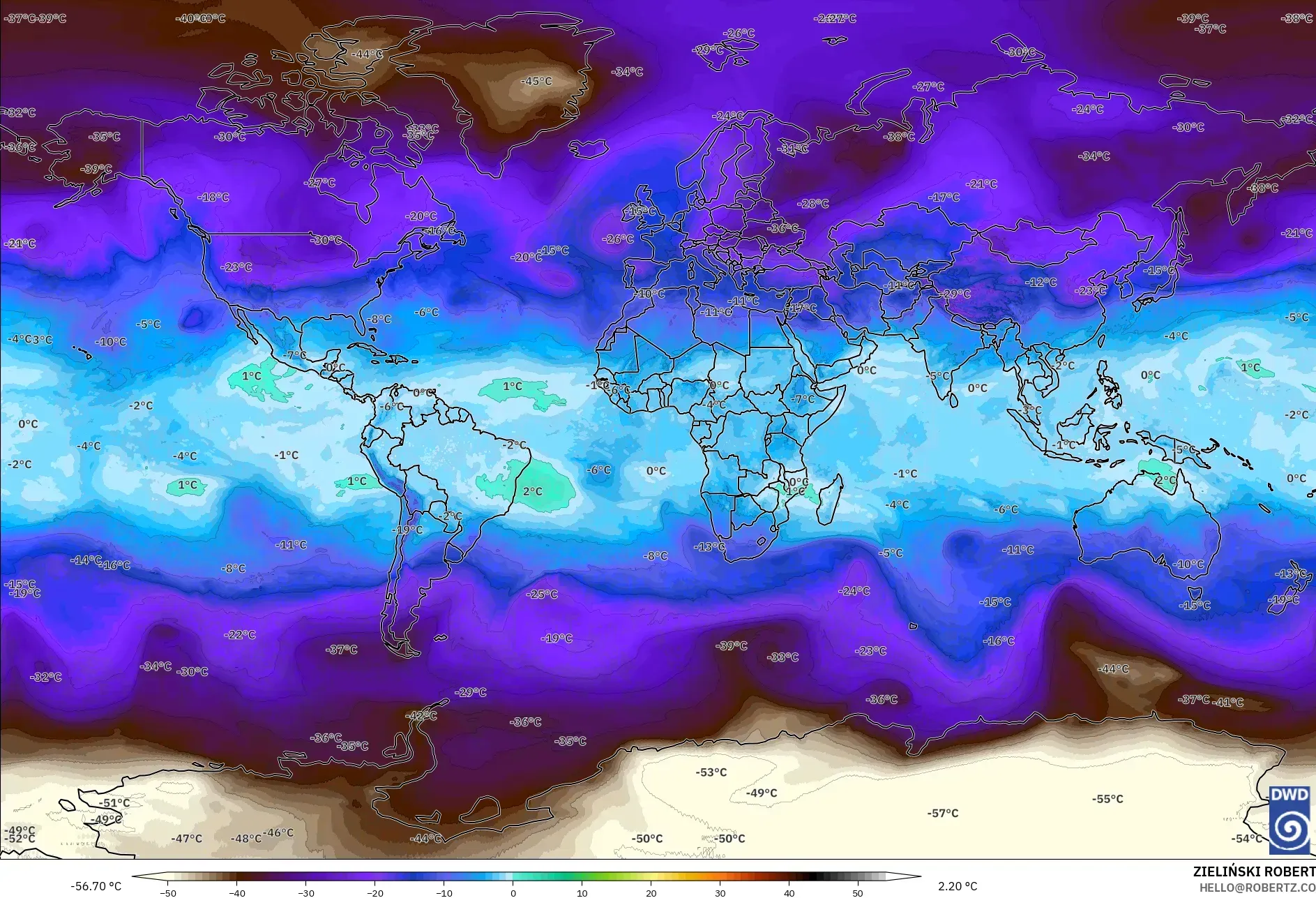 ICON model - World, Temperature at 500hPa