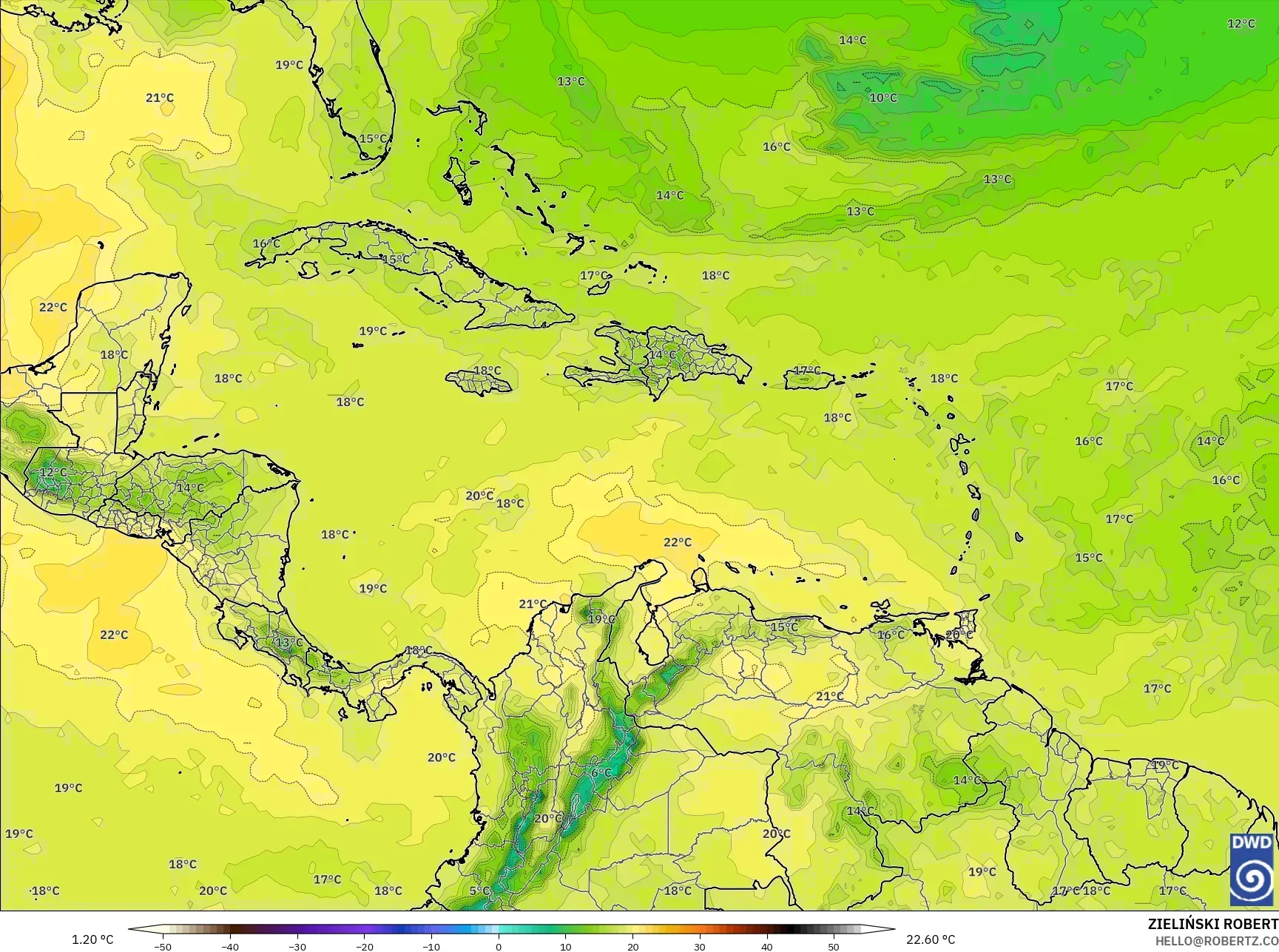 ICON model - Caribbean, Temperature at 850hPa