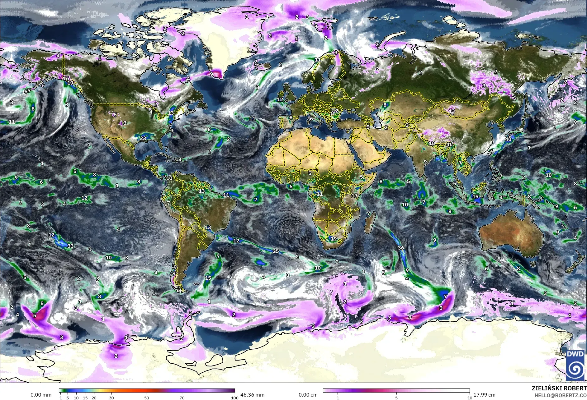 ICON model - World, Precipitation, Clouds, and Pressure
