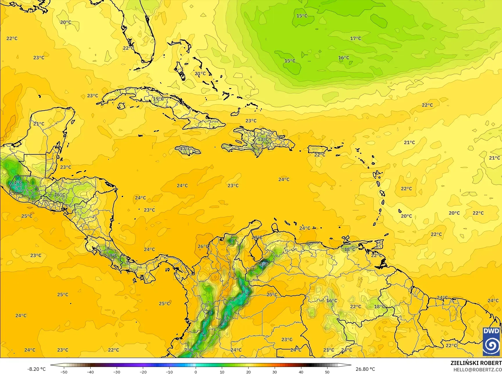 ICON model - Caribbean, Dewpoint at 2m