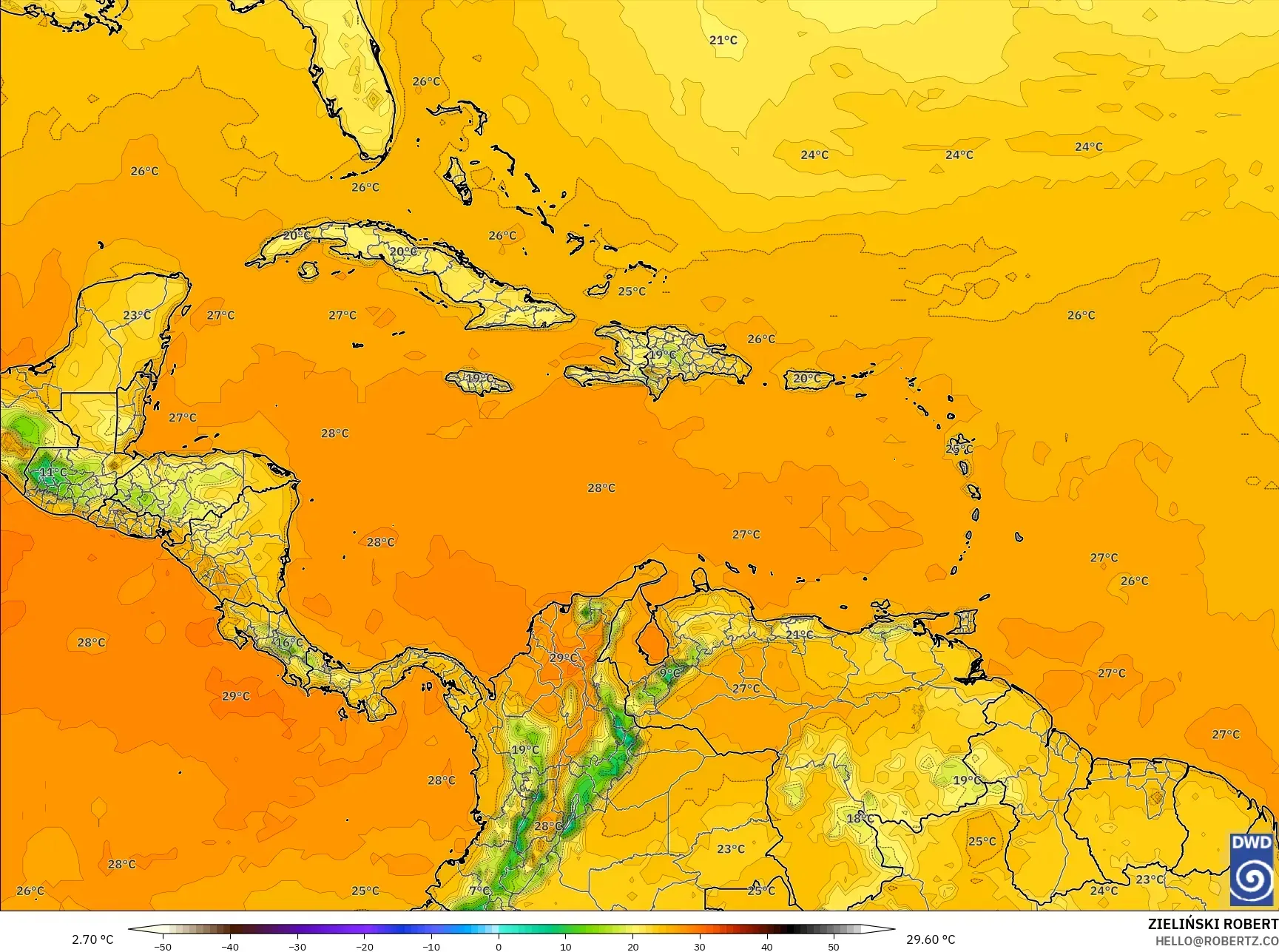 ICON model - Caribbean, Temperature at 2m