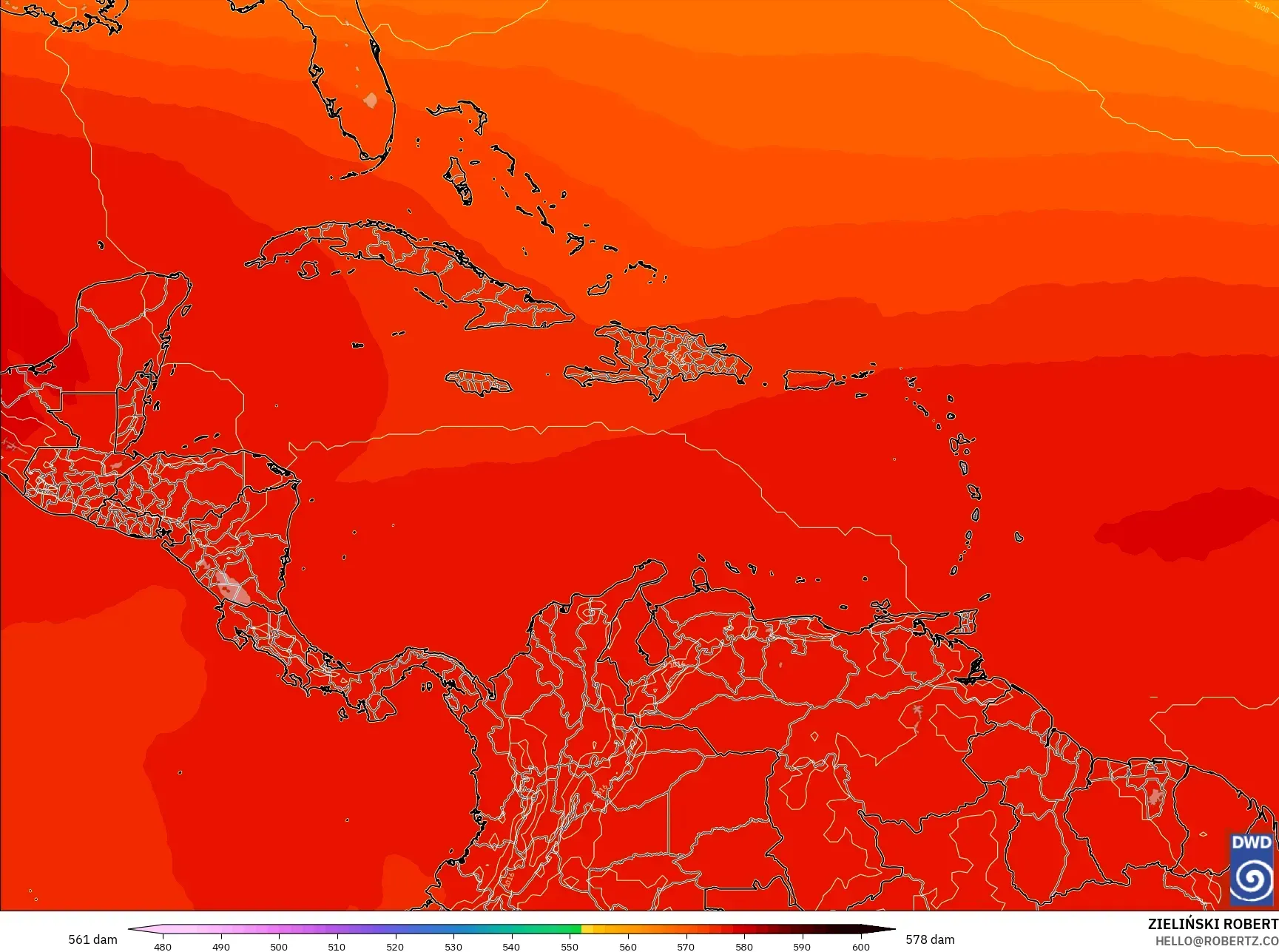 ICON model - Caribbean, Geopotential height at 500hPa