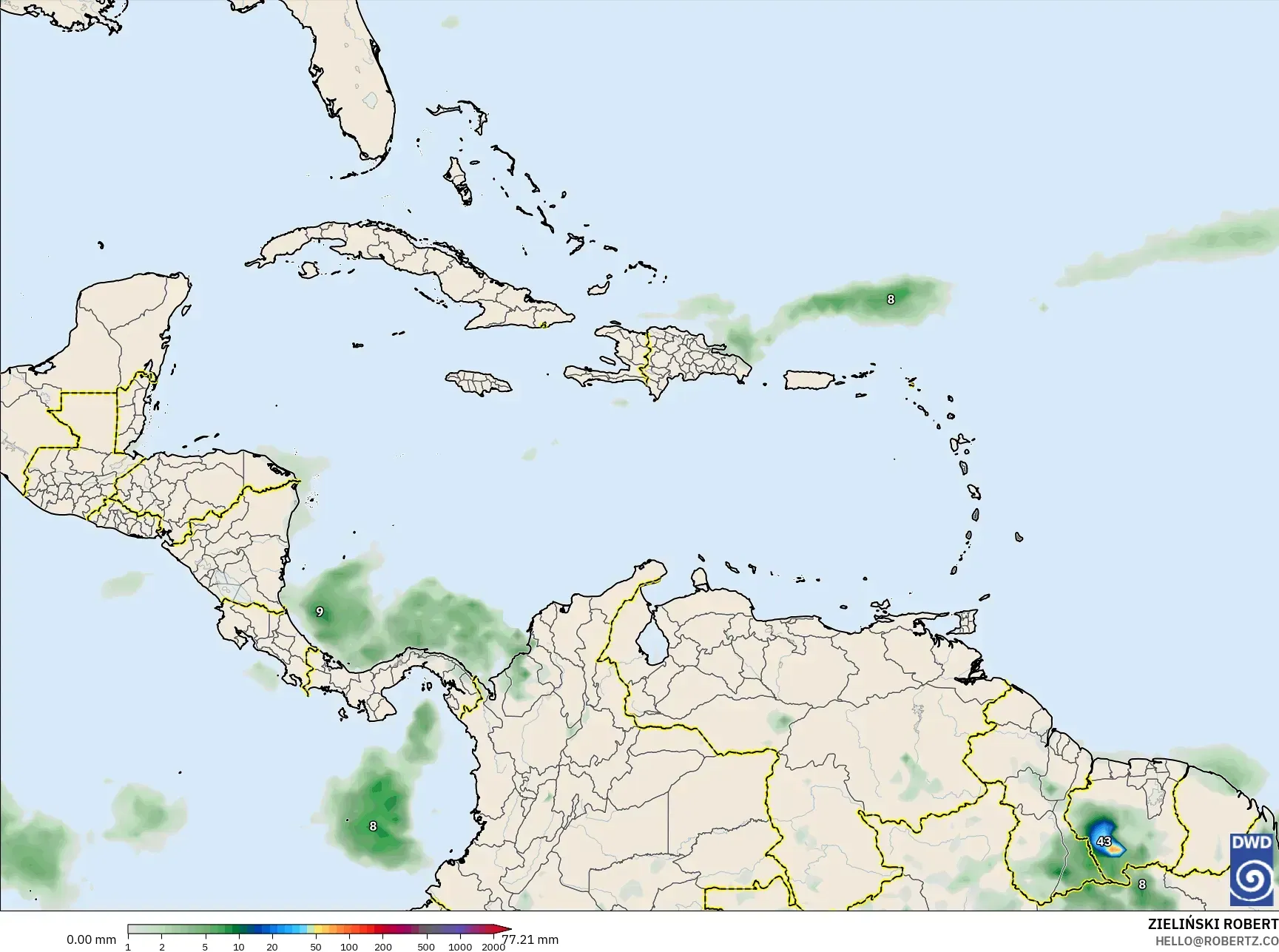ICON model - Caribbean, Precipitation Accumulation