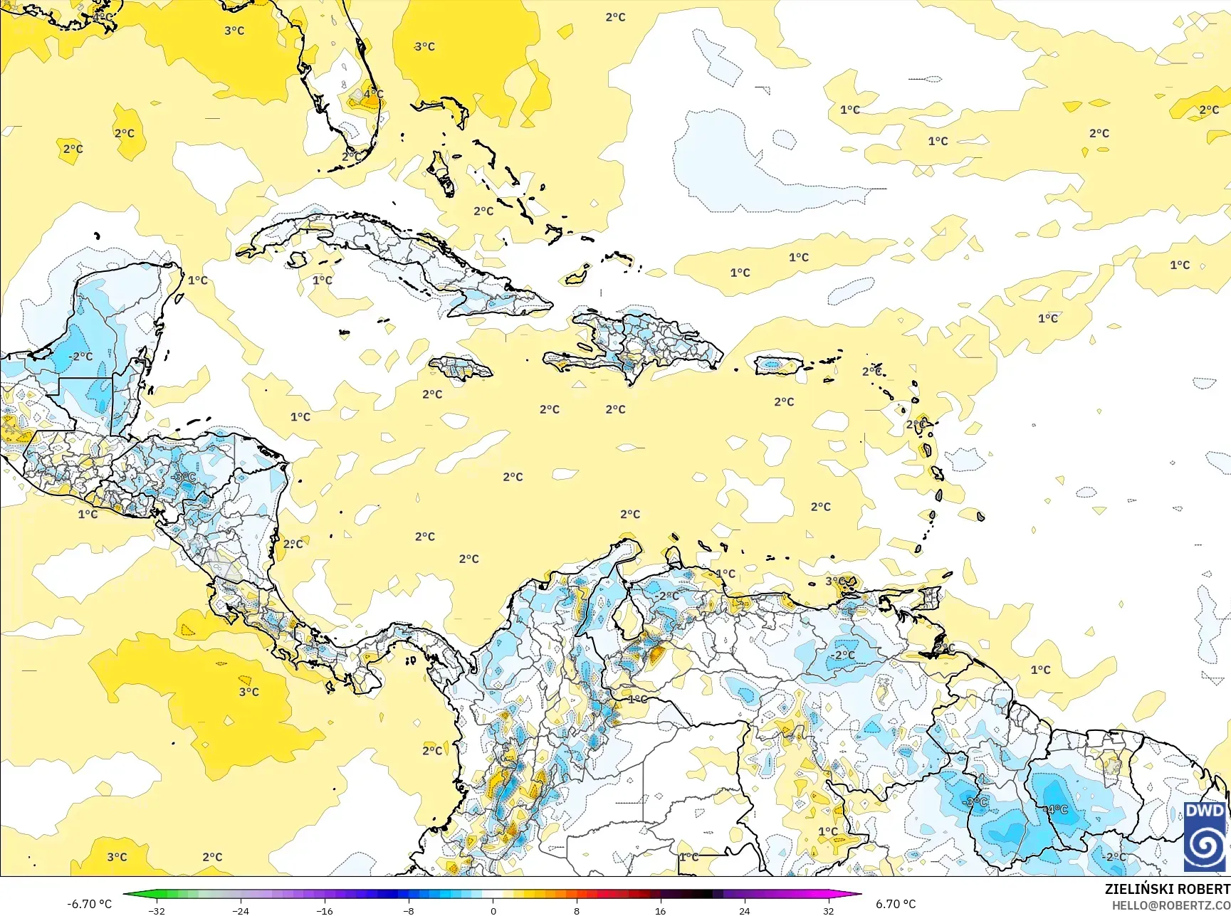 ICON model - Caribbean, Temperature at 2m Anomaly