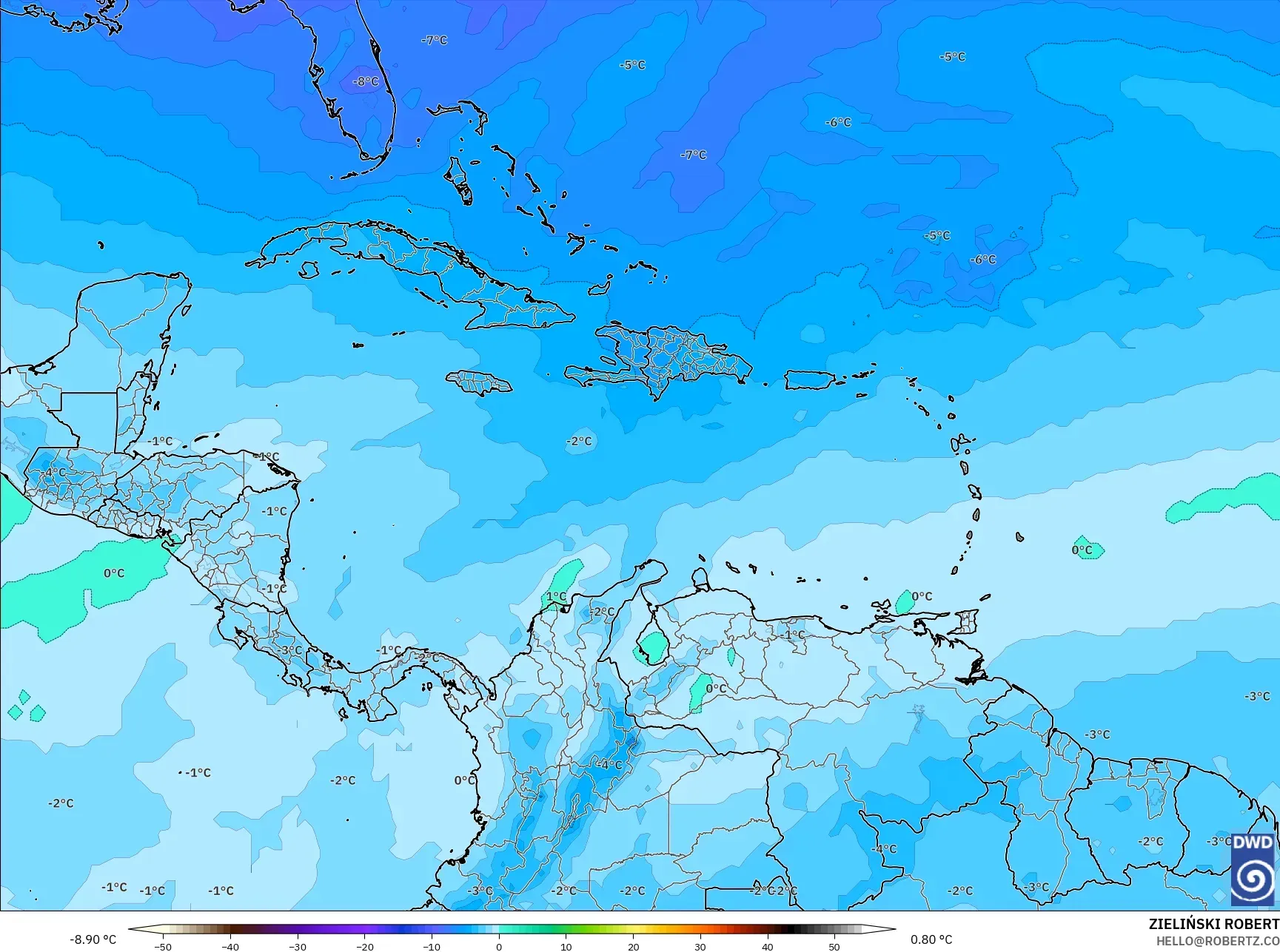 ICON model - Caribbean, Temperature at 500hPa