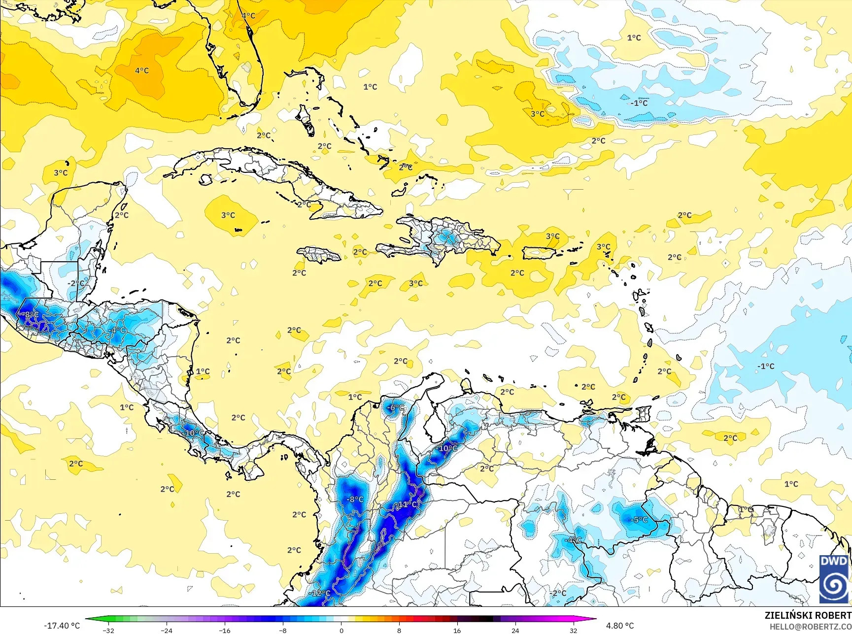ICON model - Caribbean, Temperature at 850hPa Anomaly