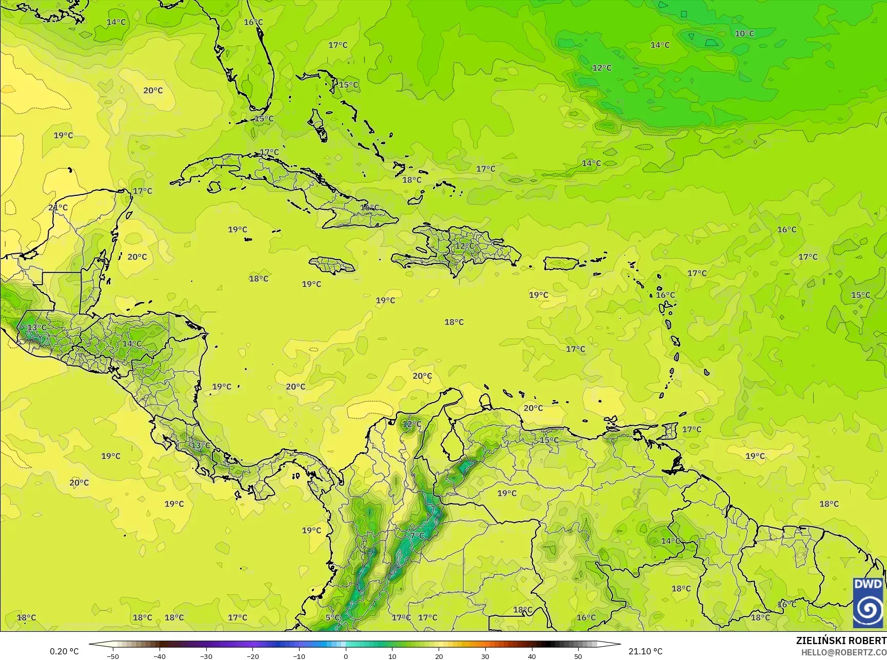 ICON model - Caribbean, Temperature at 850hPa