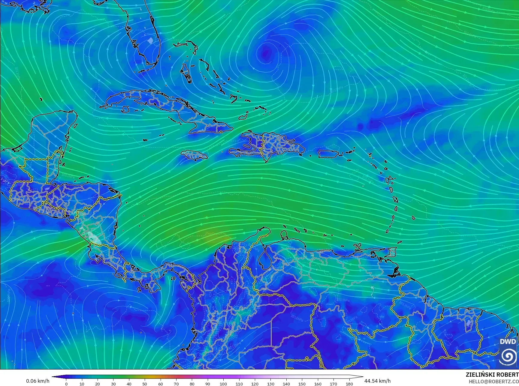 ICON model - Caribbean, Wind at 10m