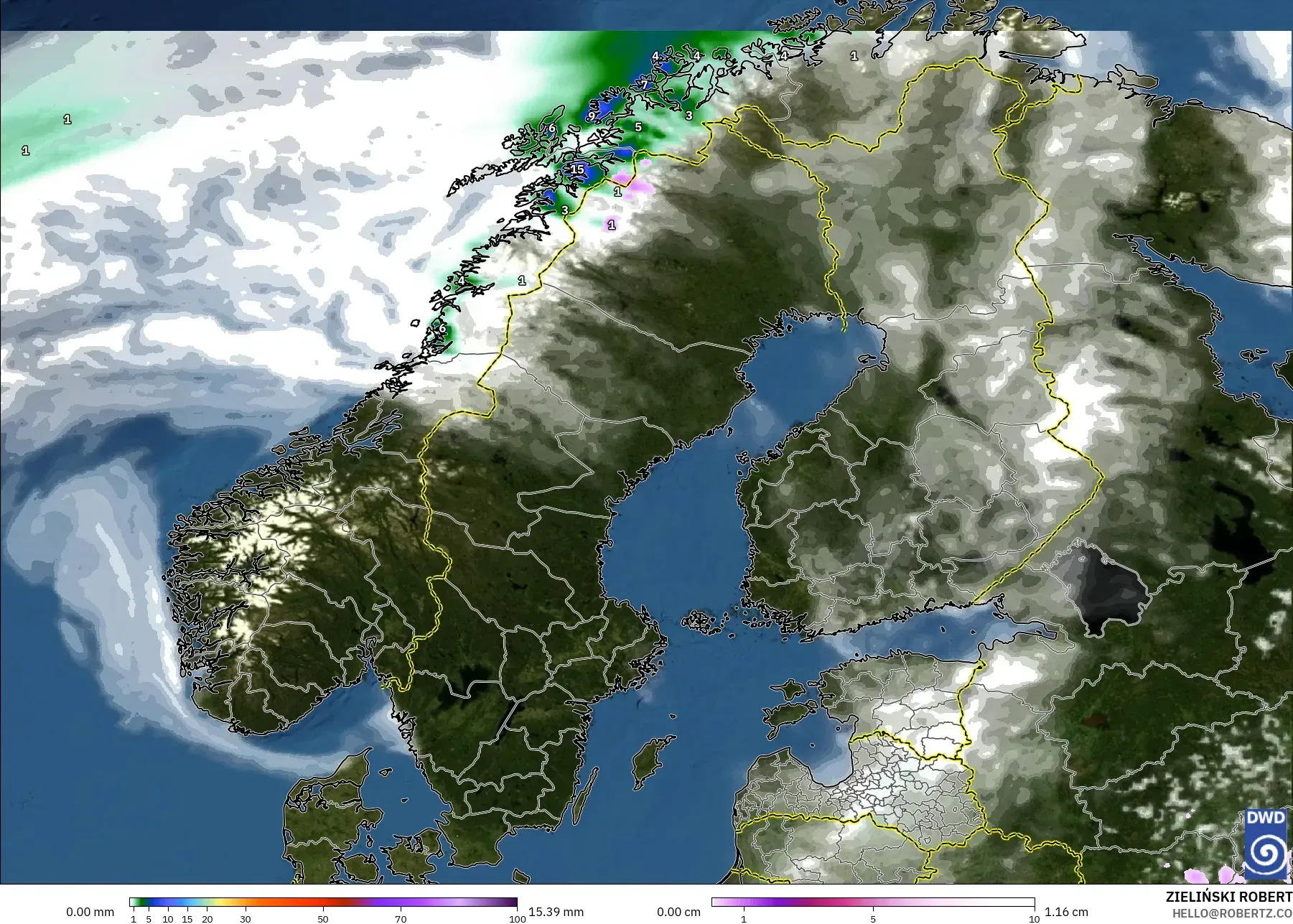 ICON model - Scandinavia, Precipitation, Clouds, and Pressure