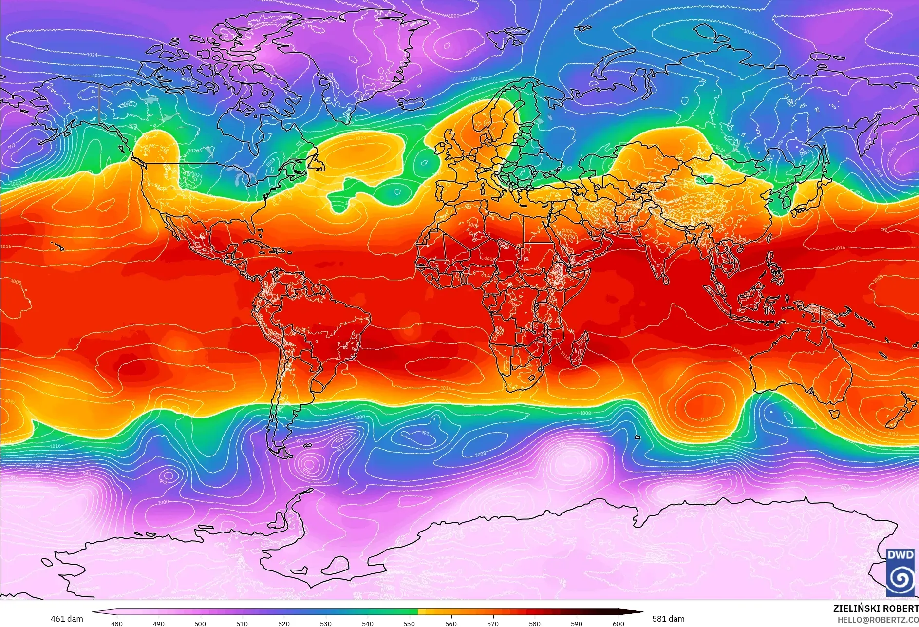 ICON model - World, Geopotential height at 500hPa