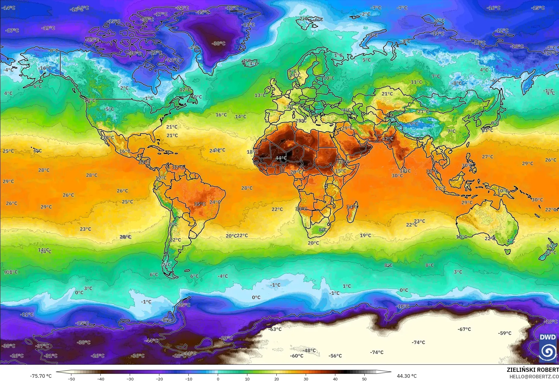 ICON model - World, Temperature at 2m
