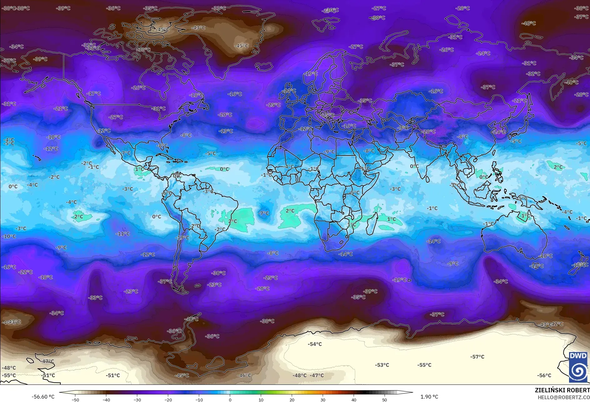 ICON model - World, Temperature at 500hPa