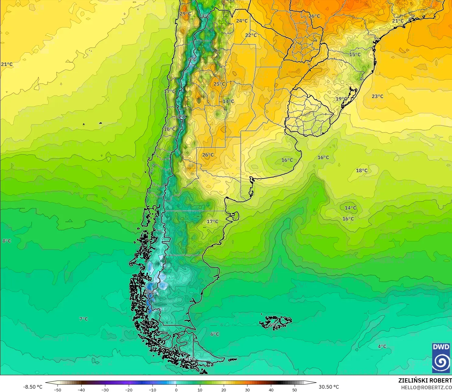 ICON model - Argentina, Temperature at 2m
