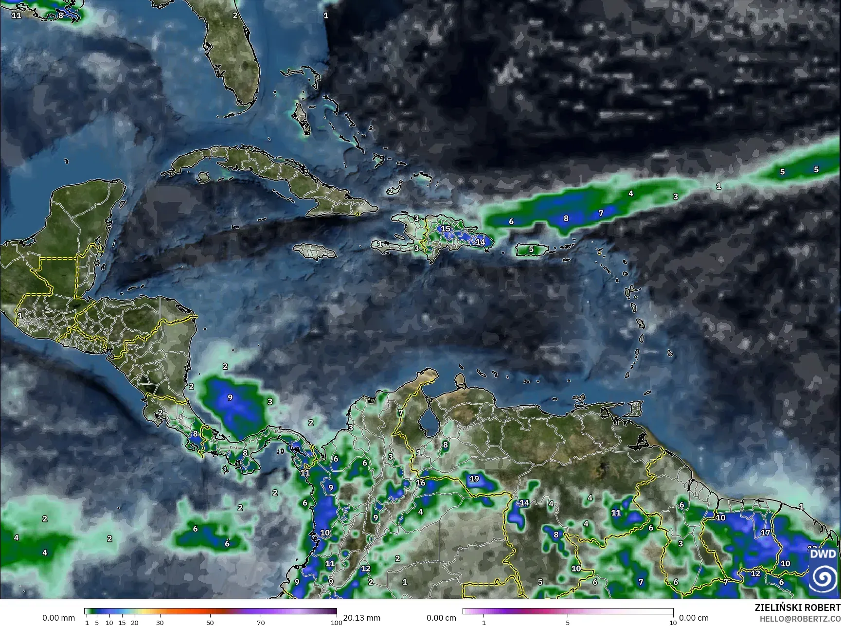 ICON model - Caribbean, Precipitation, Clouds, and Pressure
