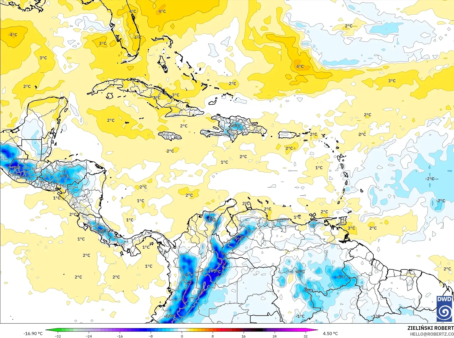 ICON model - Caribbean, Temperature at 850hPa Anomaly