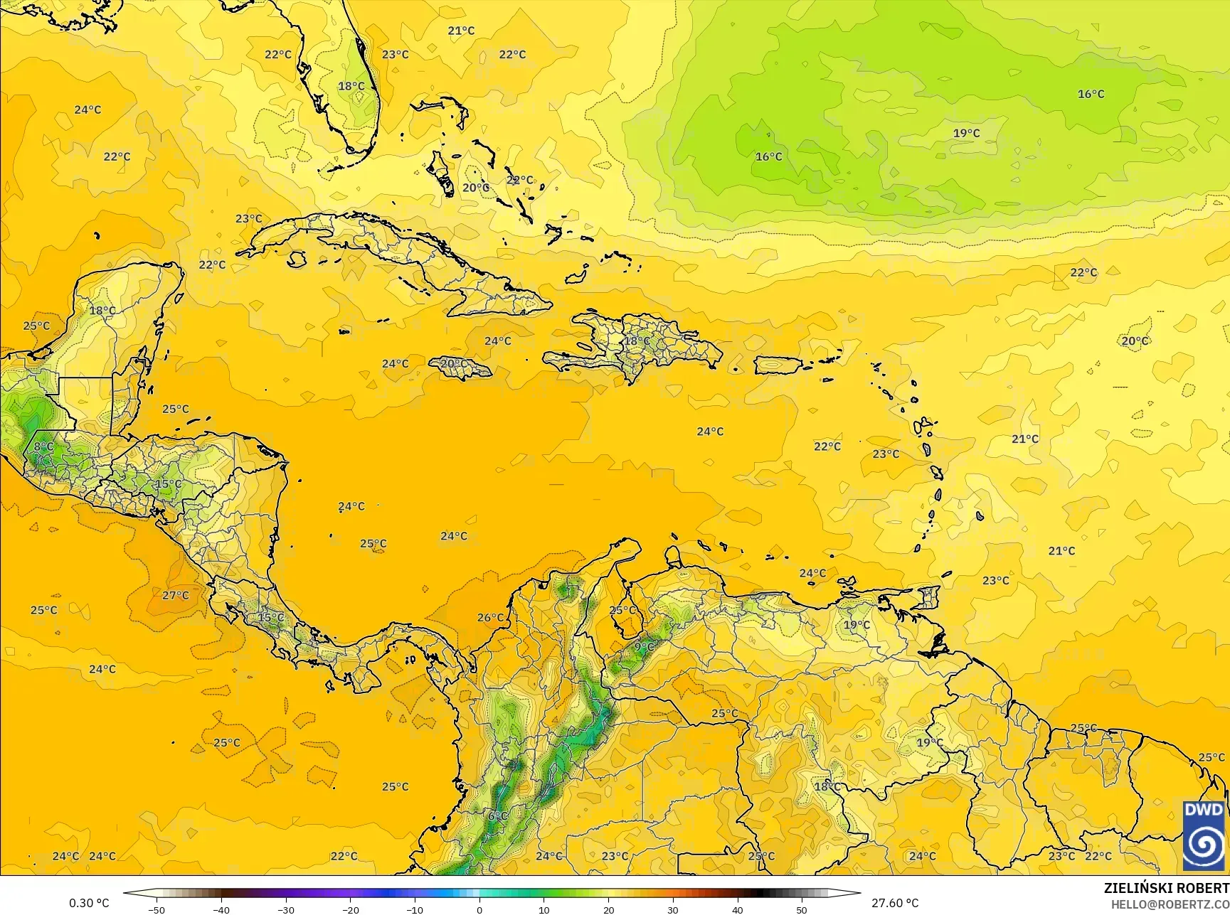 ICON model - Caribbean, Dewpoint at 2m
