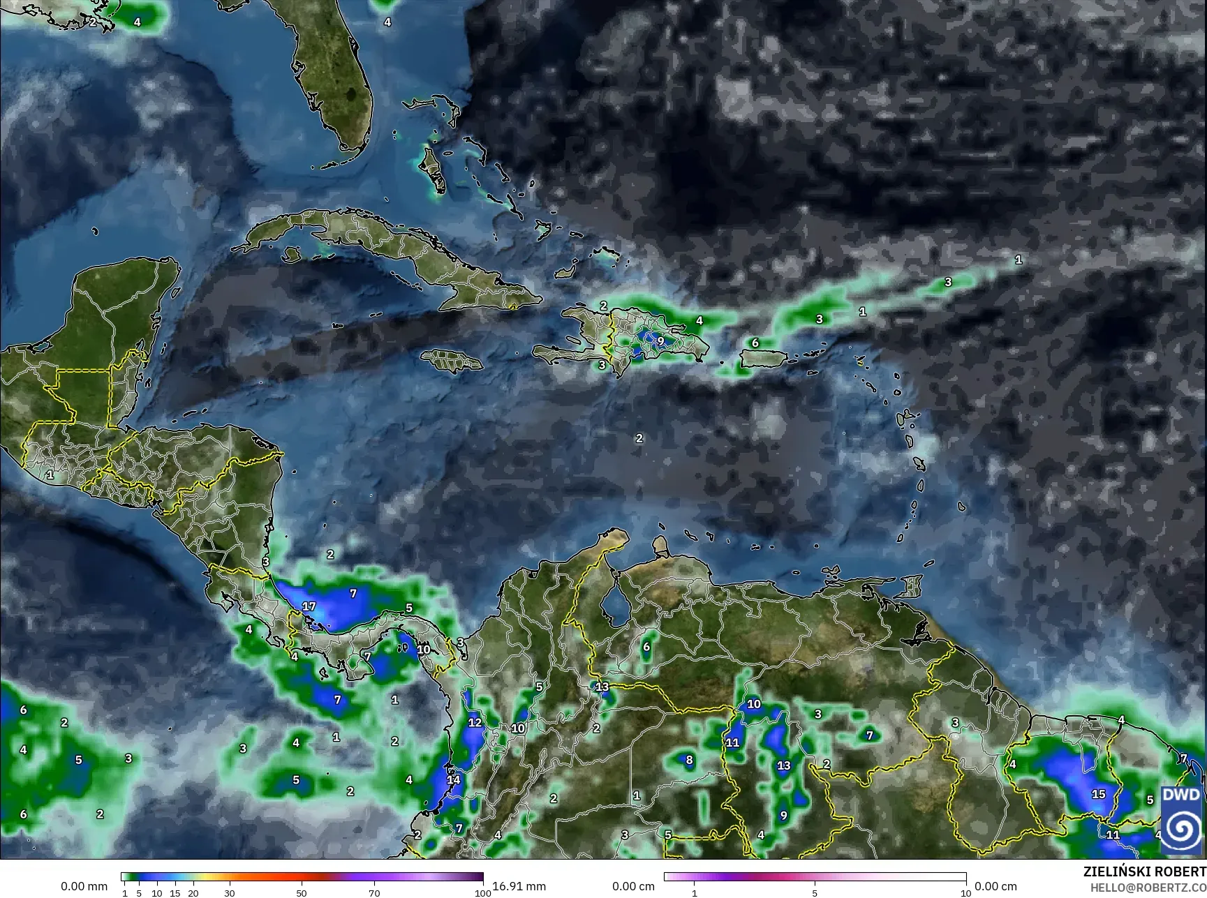 ICON model - Caribbean, Precipitation, Clouds, and Pressure