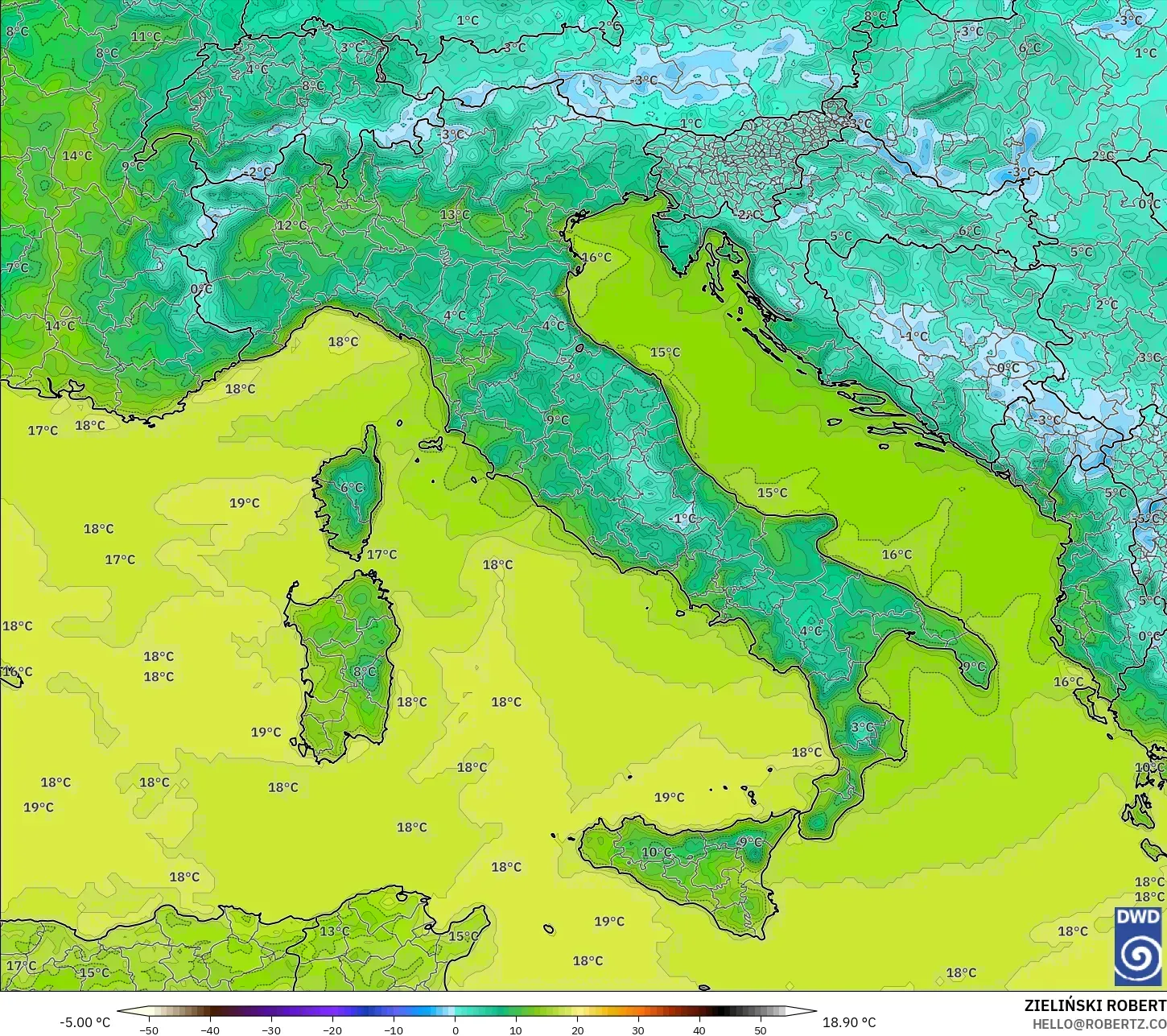 ICON model - Italy, Temperature at 2m