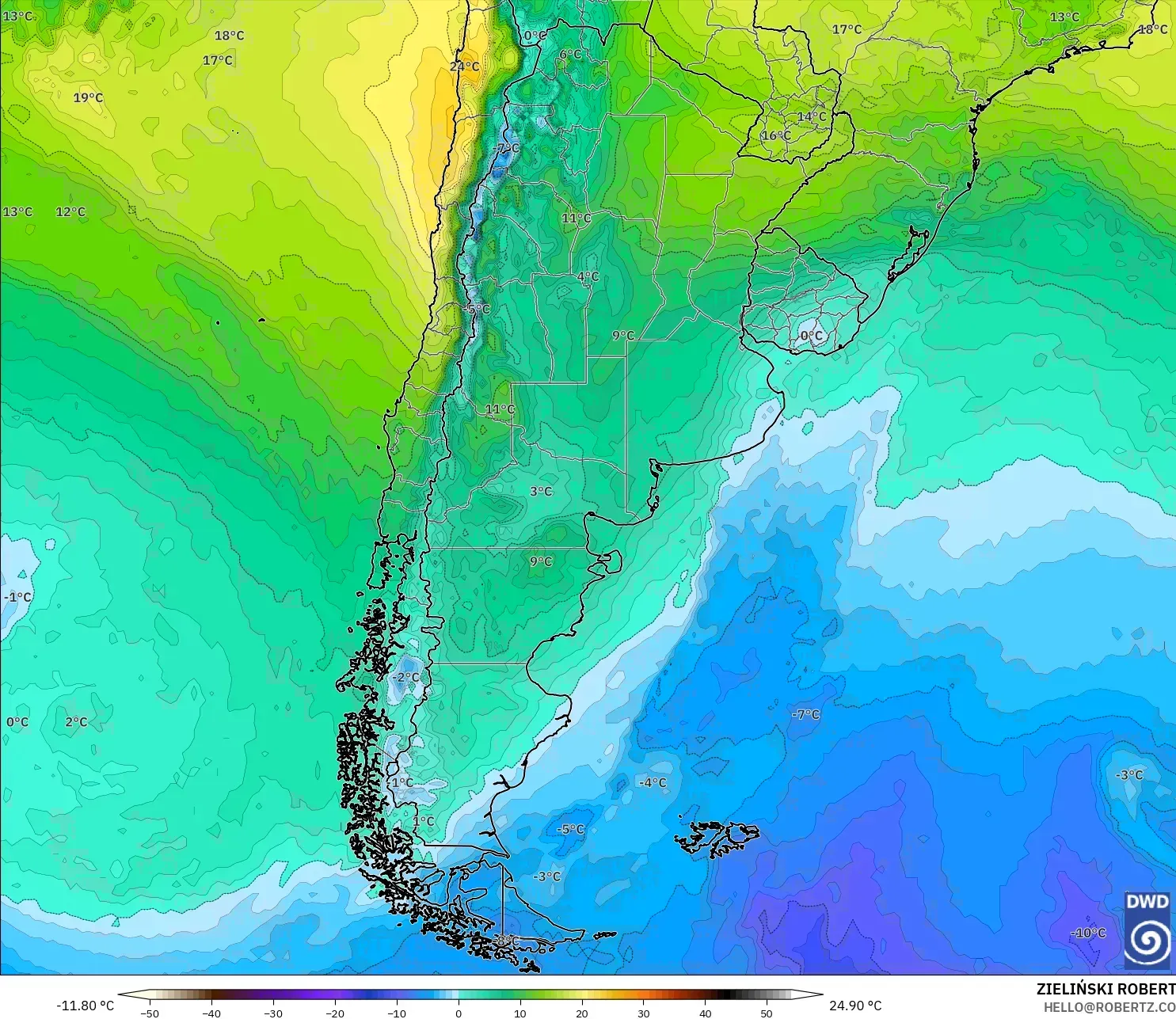 ICON model - Argentina, Temperature at 850hPa