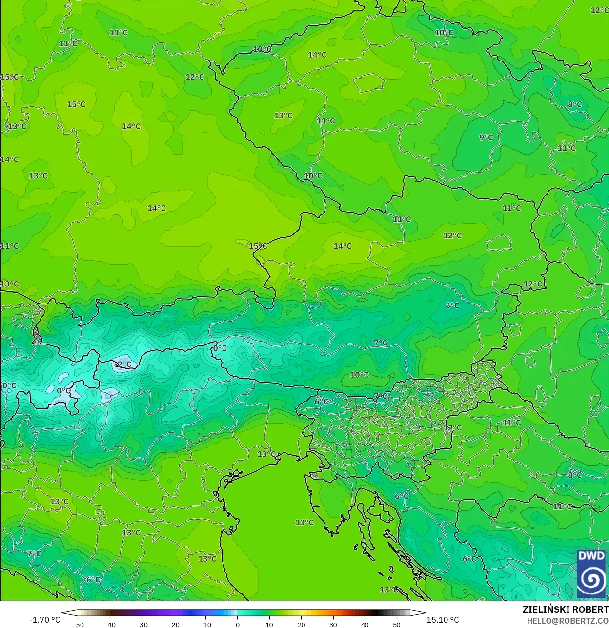 ICON model - Austria, Temperature at 850hPa