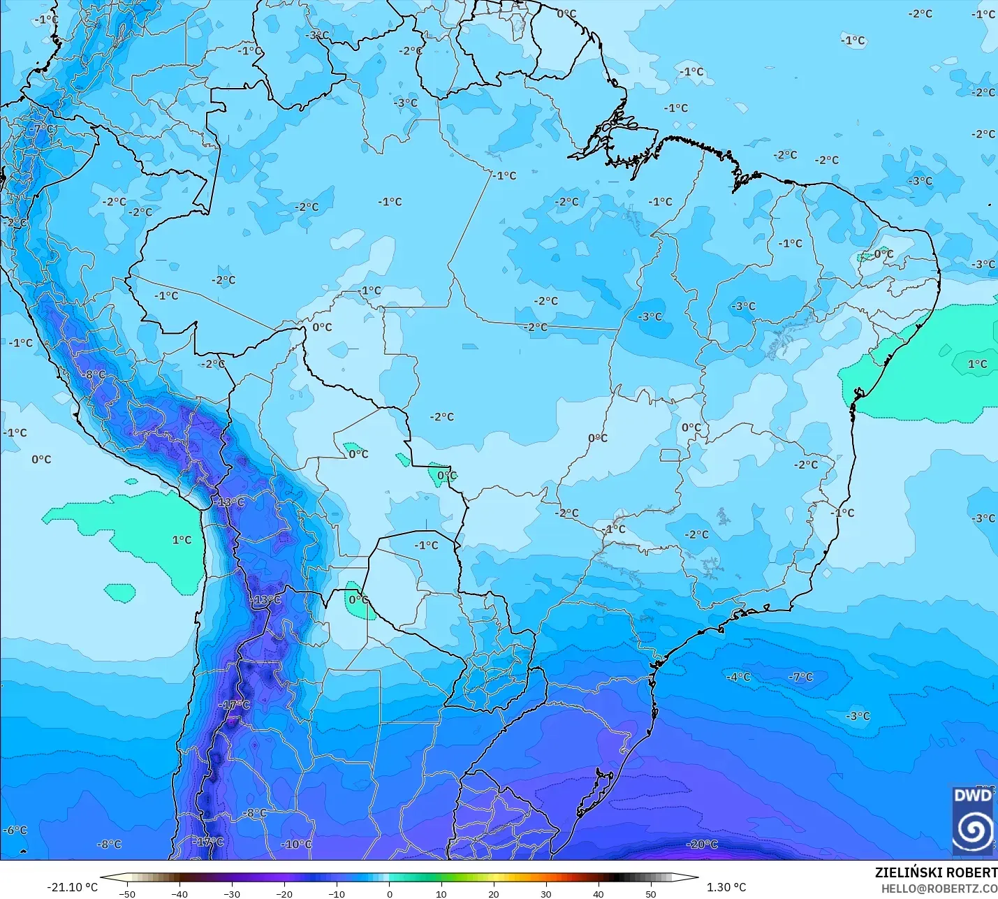 ICON model - Brazil, Temperature at 500hPa