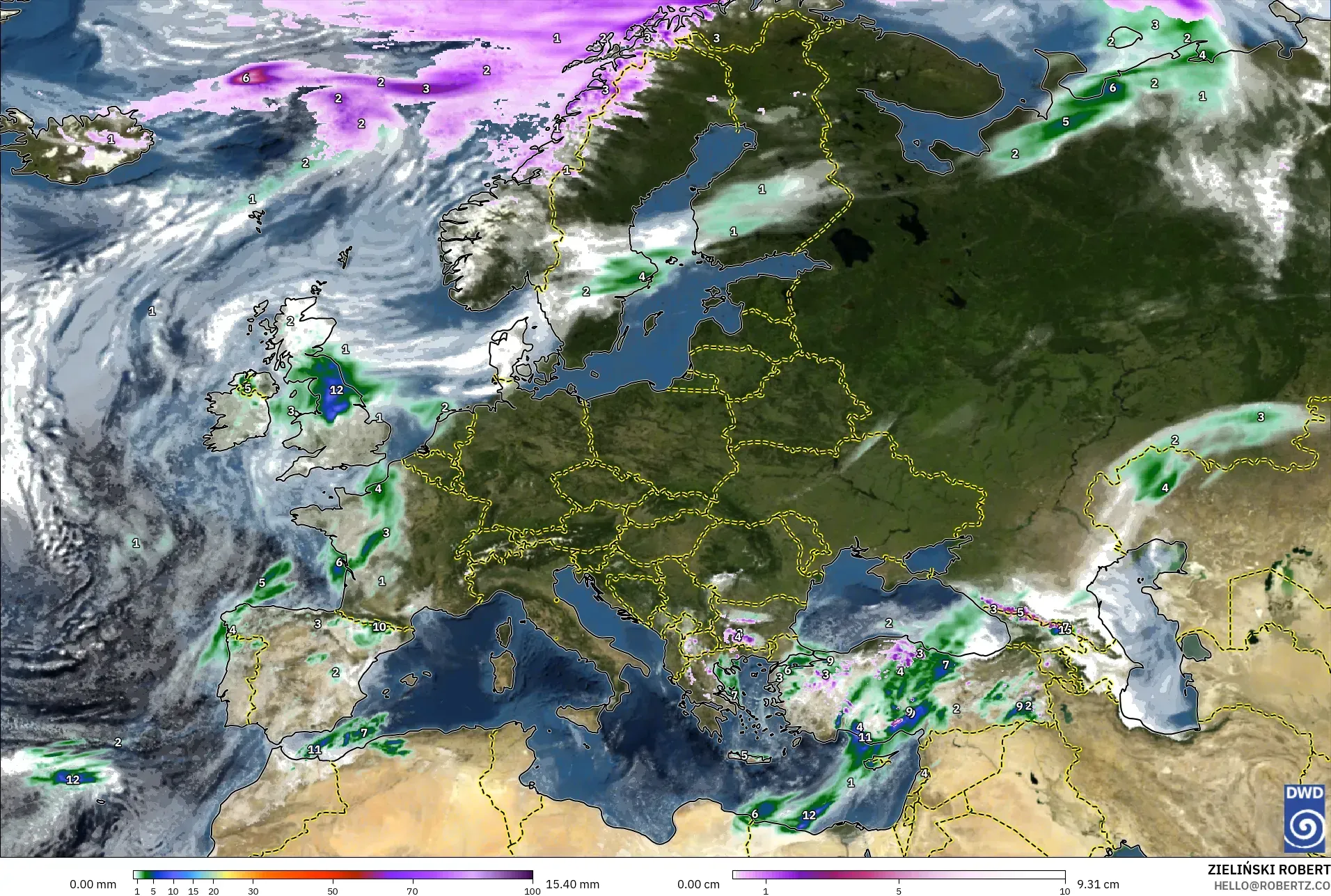 ICON model - Europe, Precipitation, Clouds, and Pressure