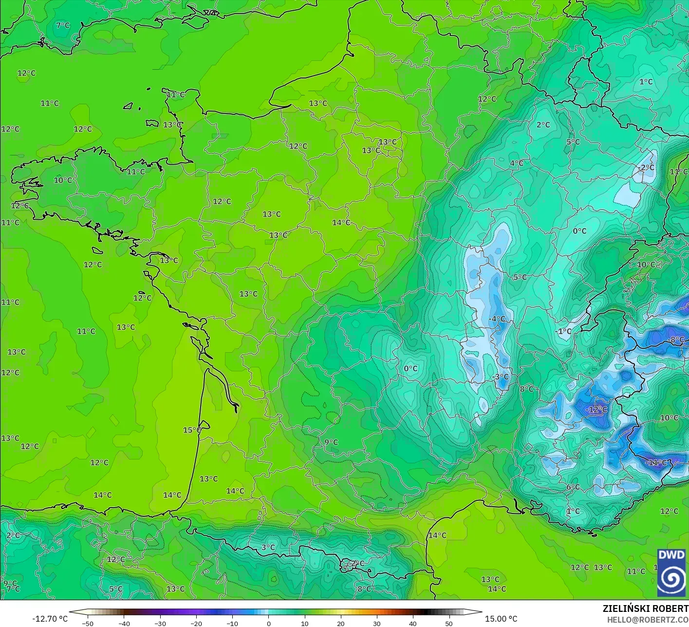 ICON model - France, Dewpoint at 2m