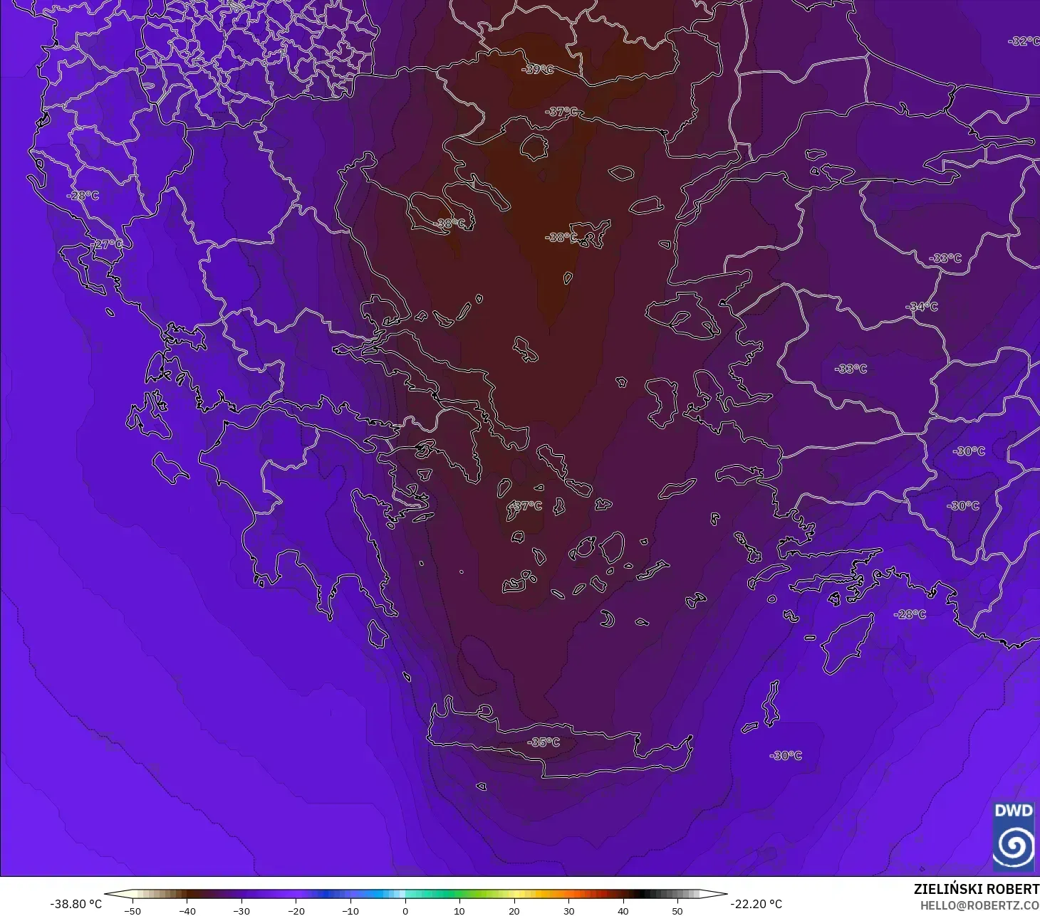 ICON model - Greece, Temperature at 500hPa