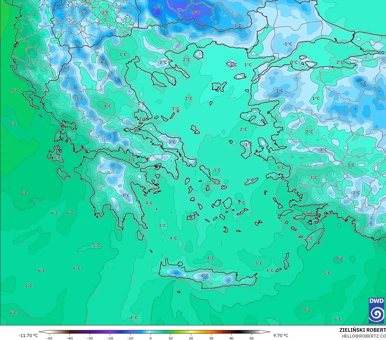 ICON model - Greece, Temperature at 850hPa