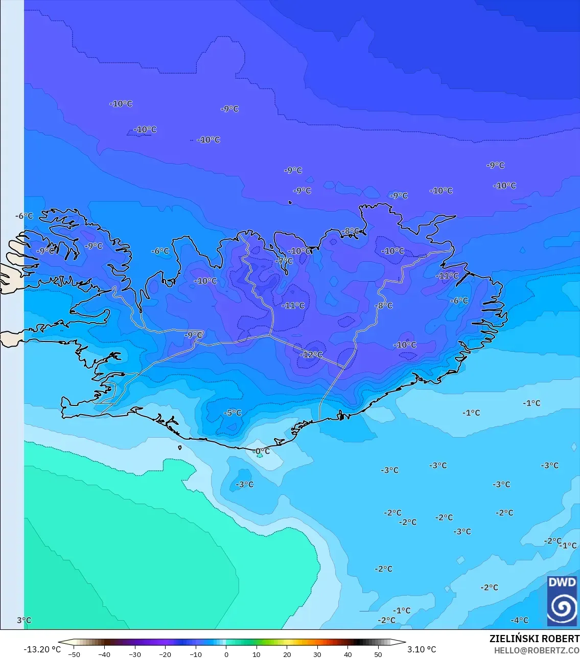 ICON model - Iceland, Temperature at 850hPa