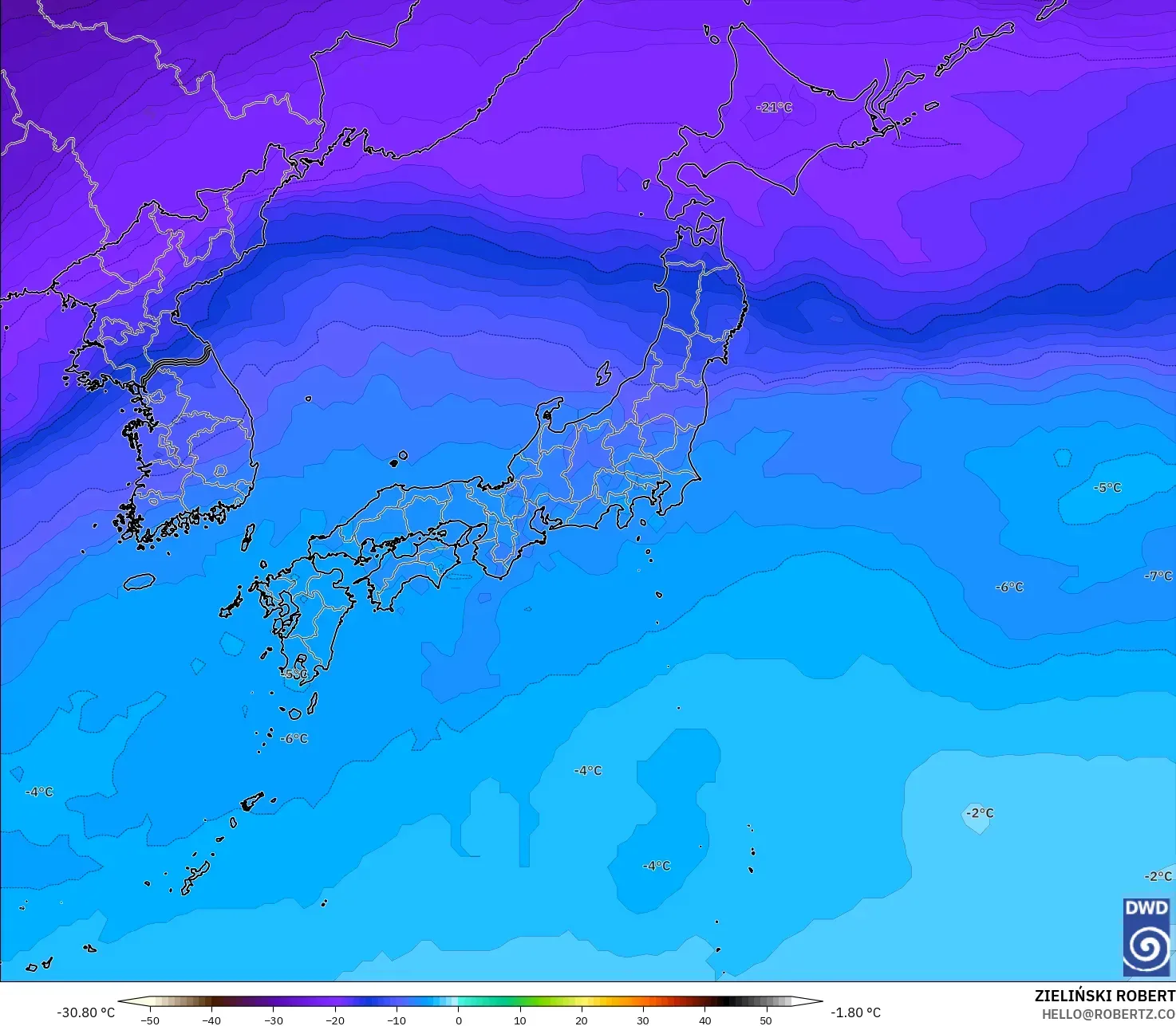 ICON model - Japan, Temperature at 500hPa