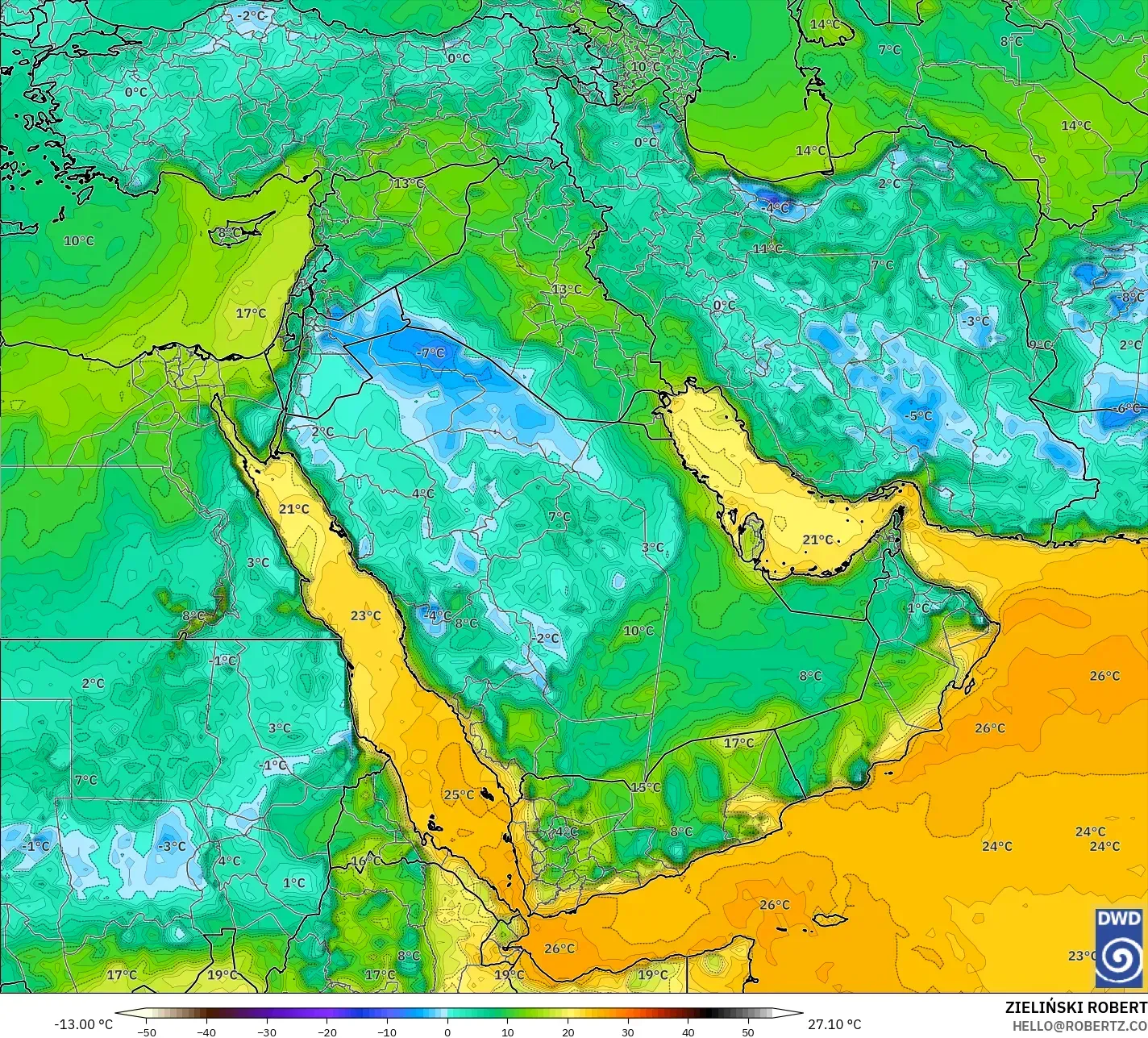 ICON model - Middle East, Dewpoint at 2m