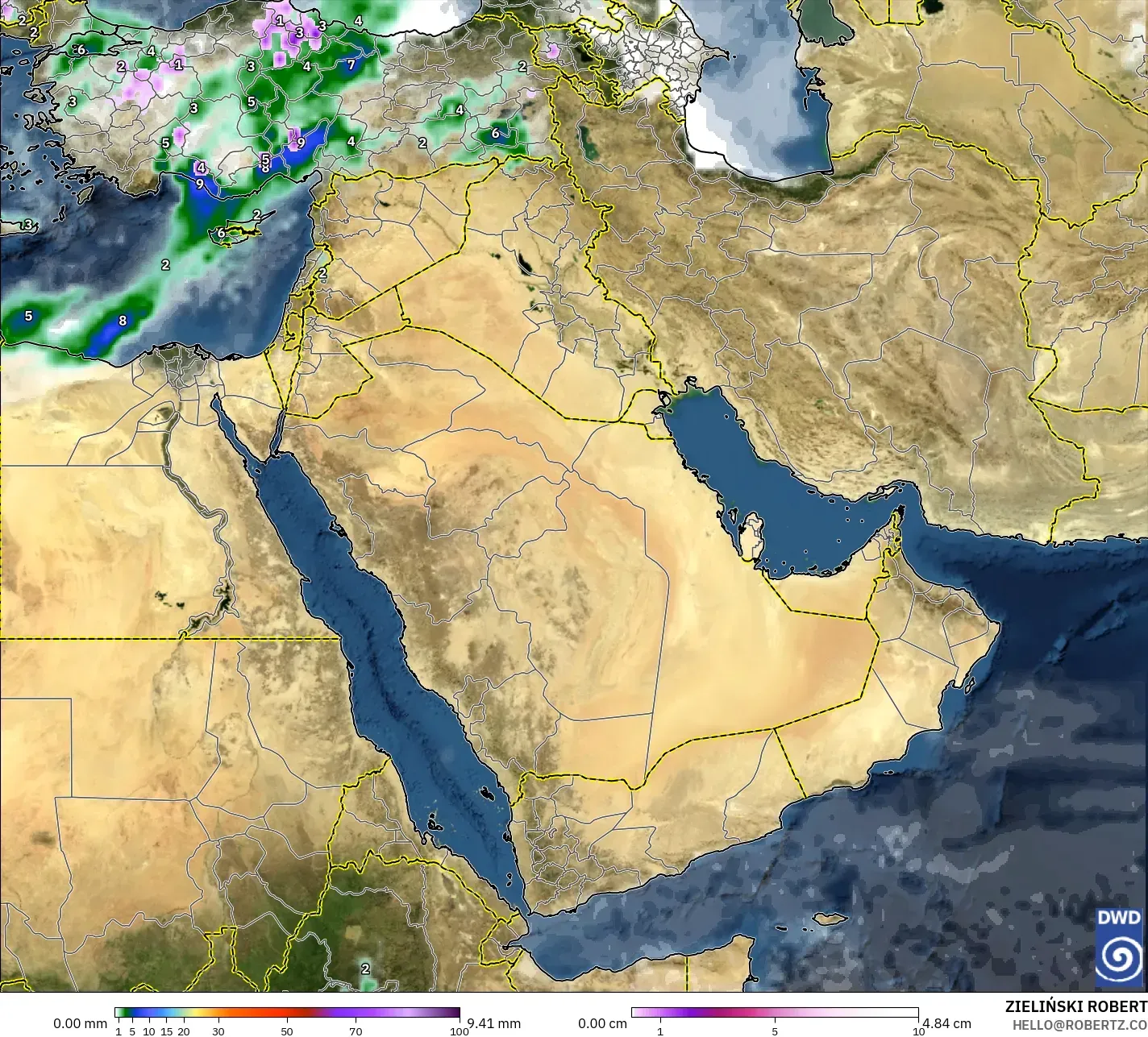 ICON model - Middle East, Precipitation, Clouds, and Pressure