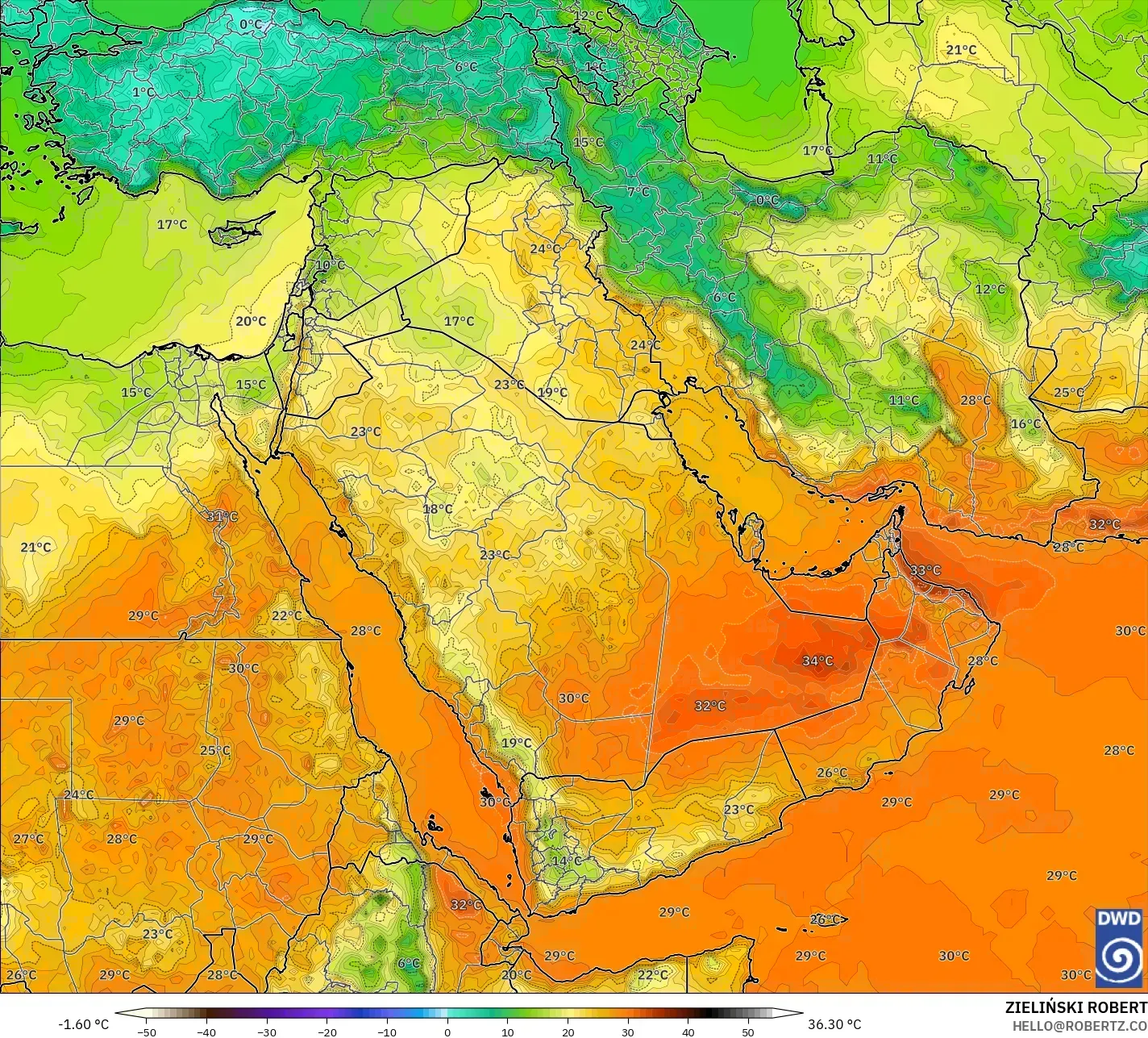 ICON model - Middle East, Temperature at 2m