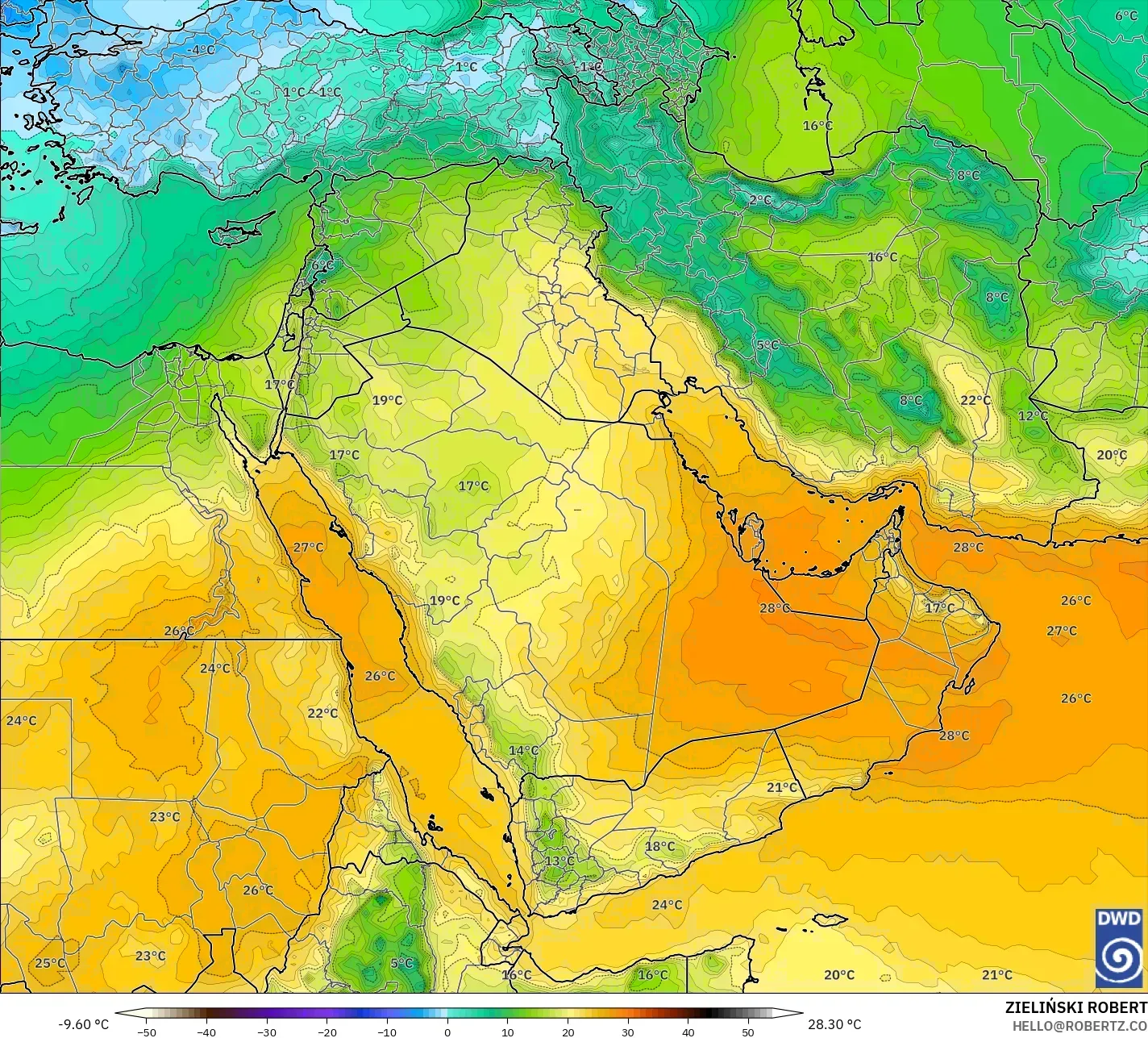 ICON model - Middle East, Temperature at 850hPa