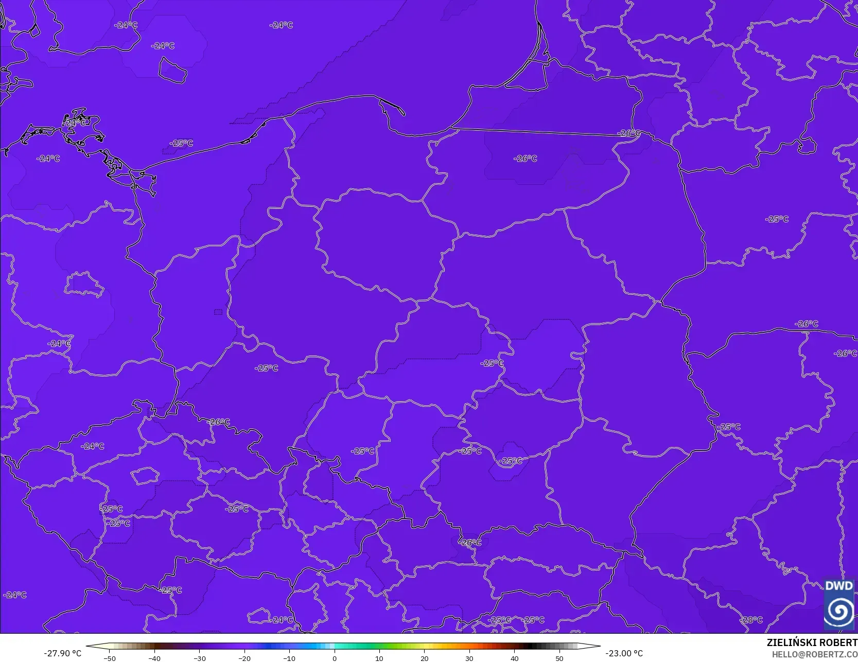 ICON model - Poland, Temperature at 500hPa