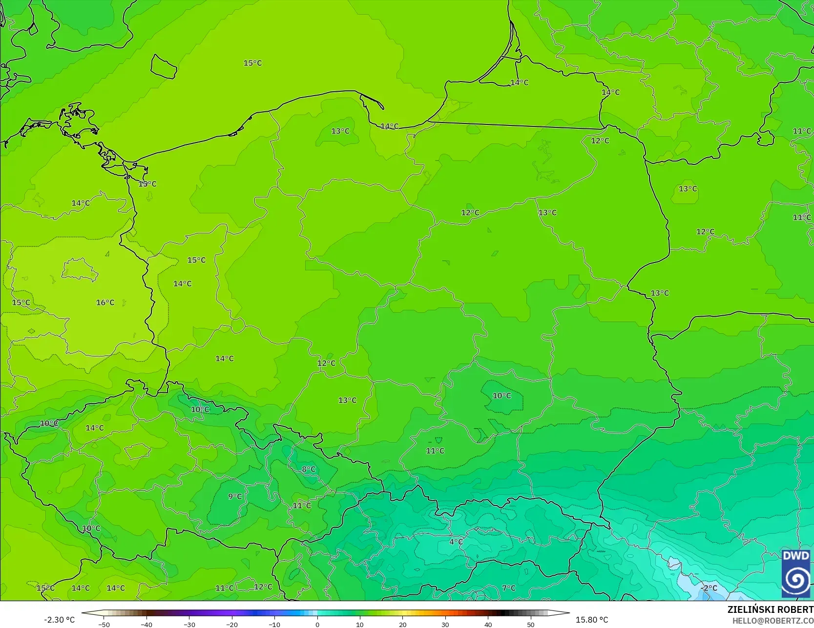 ICON model - Poland, Temperature at 850hPa