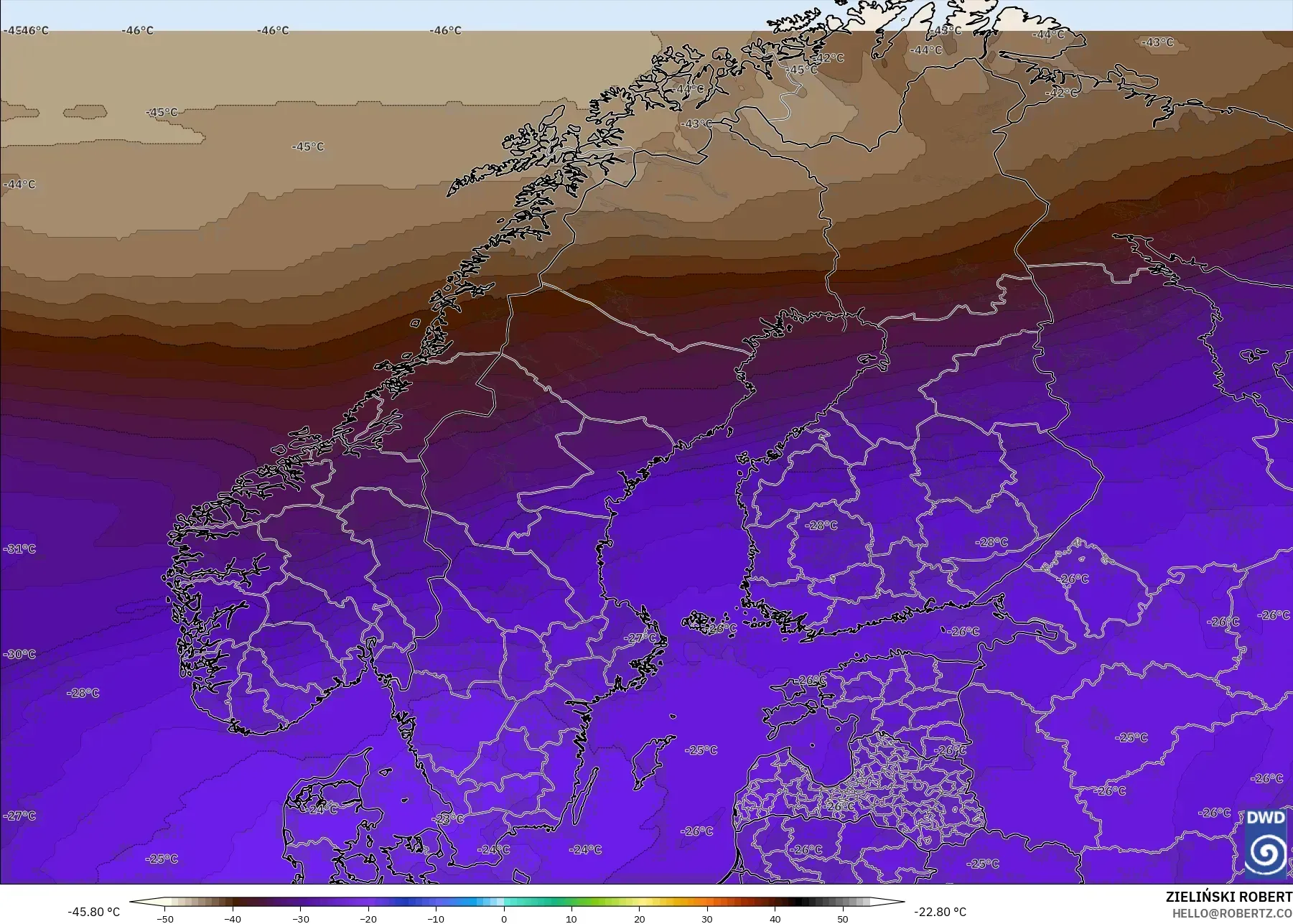 ICON model - Scandinavia, Temperature at 500hPa