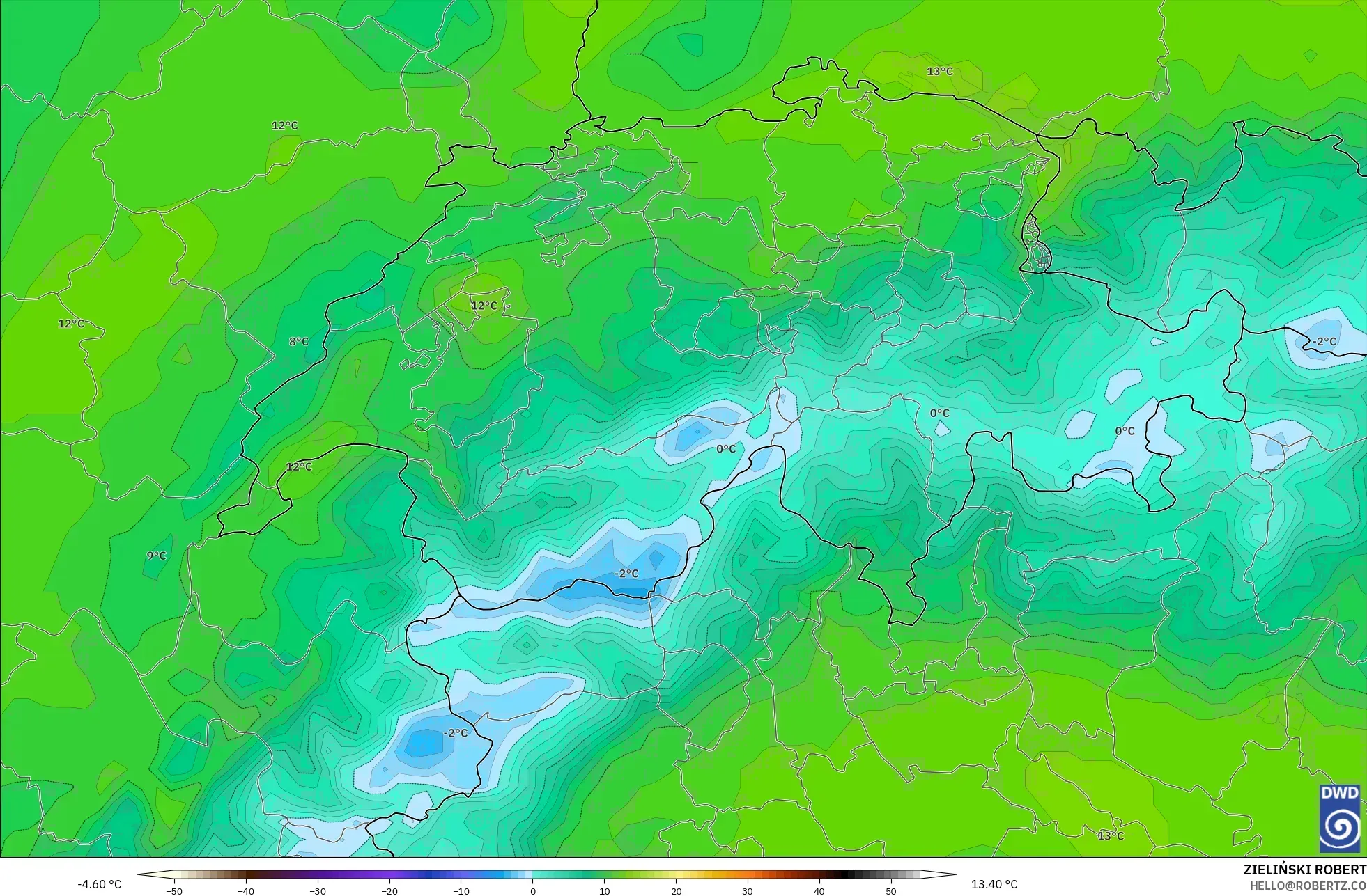 ICON model - Switzerland, Temperature at 850hPa