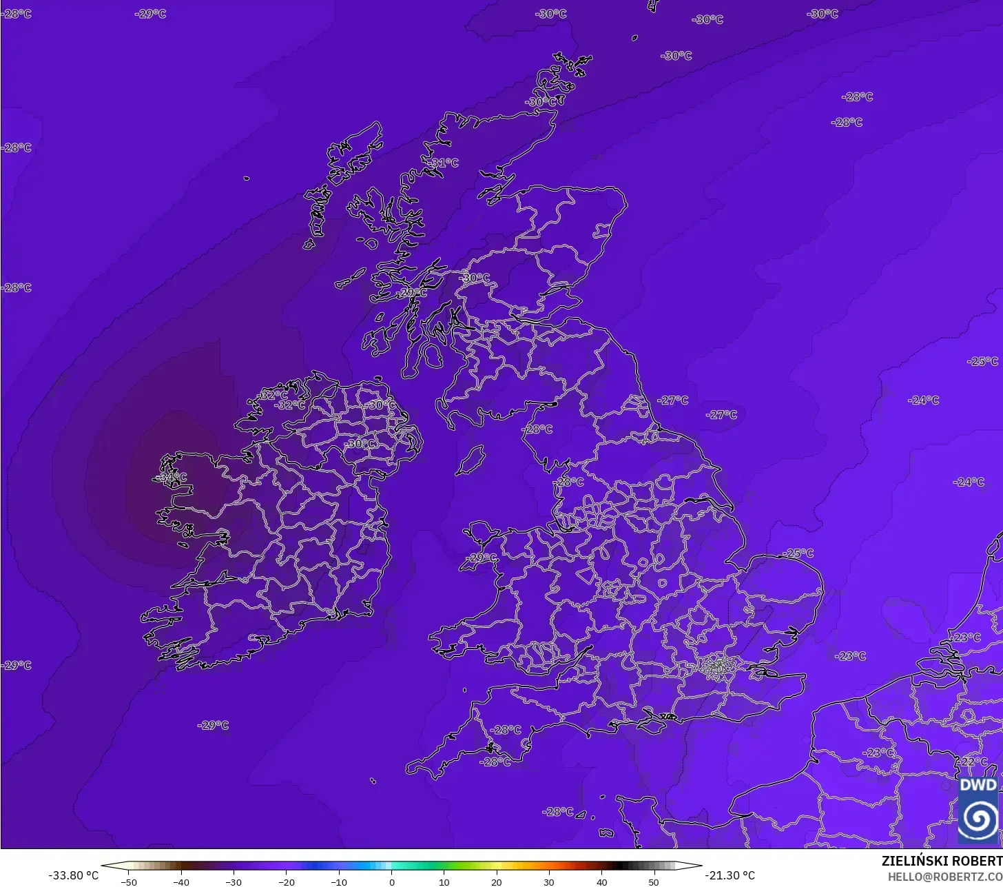 ICON model - United Kingdom, Temperature at 500hPa