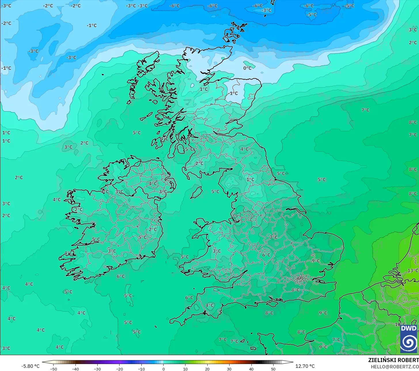 ICON model - United Kingdom, Temperature at 850hPa